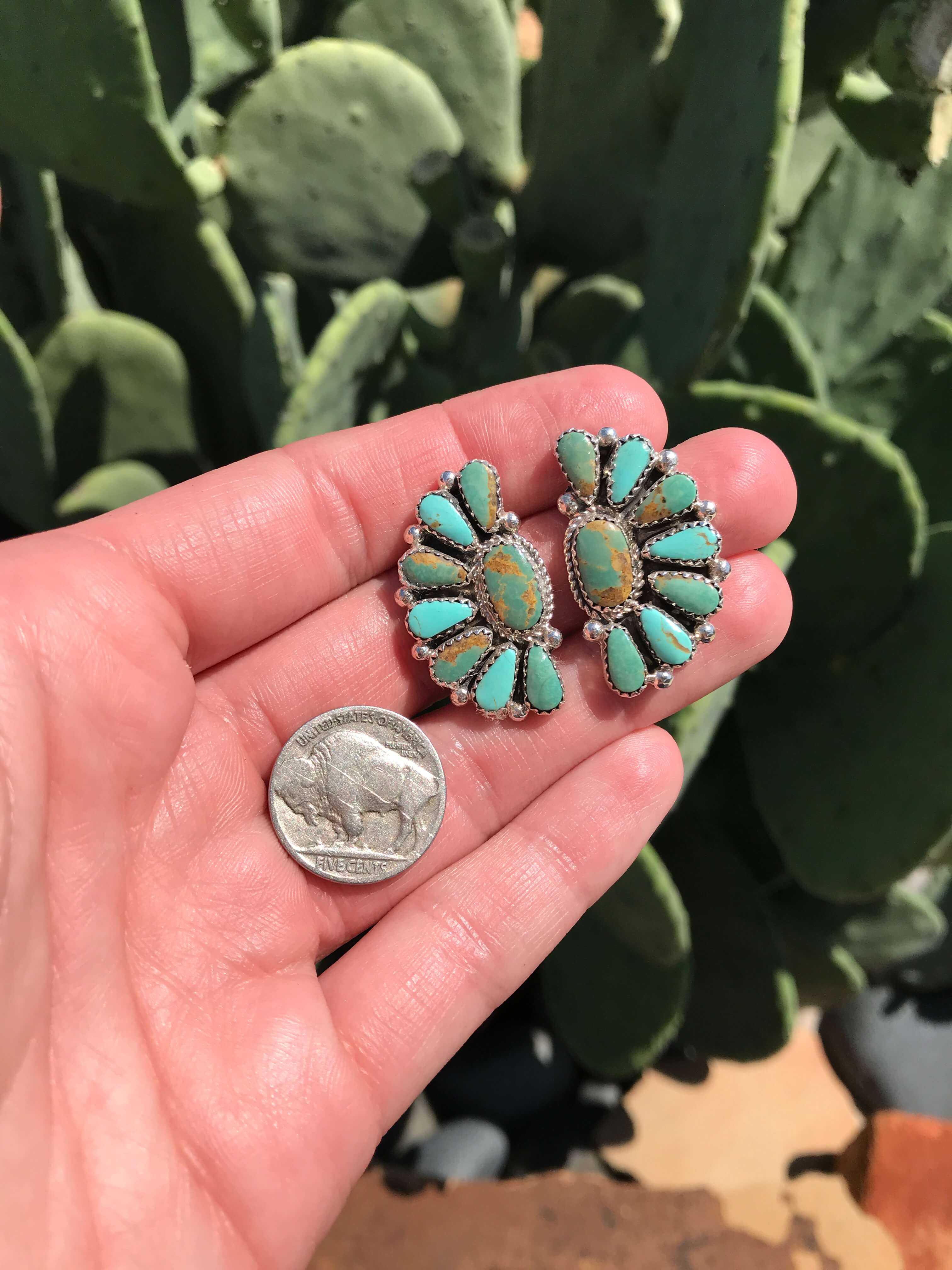 The Woodson Turquoise Cluster Earrings, 6-Earrings-Calli Co., Turquoise and Silver Jewelry, Native American Handmade, Zuni Tribe, Navajo Tribe, Brock Texas