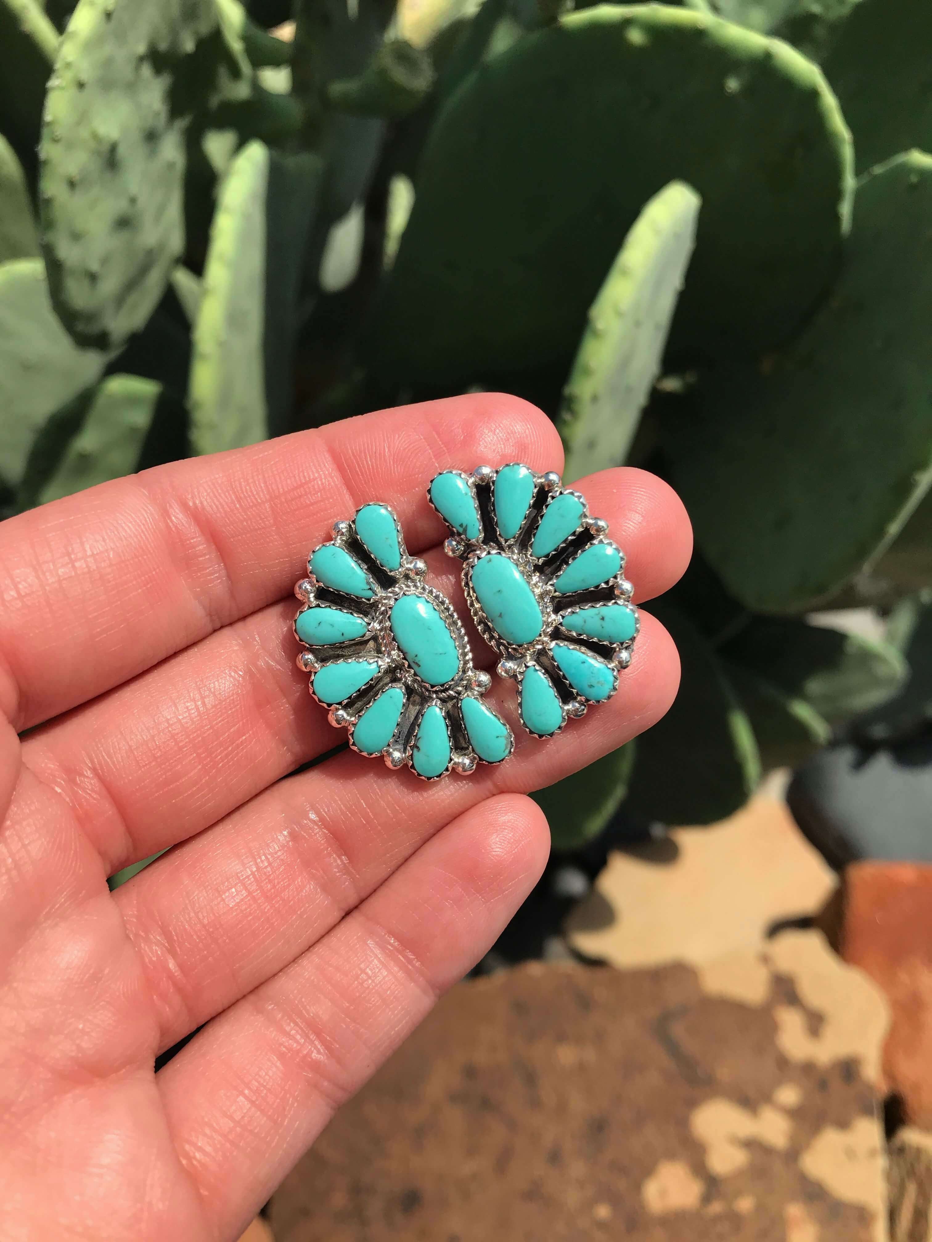 The Woodson Turquoise Cluster Earrings, 5-Earrings-Calli Co., Turquoise and Silver Jewelry, Native American Handmade, Zuni Tribe, Navajo Tribe, Brock Texas