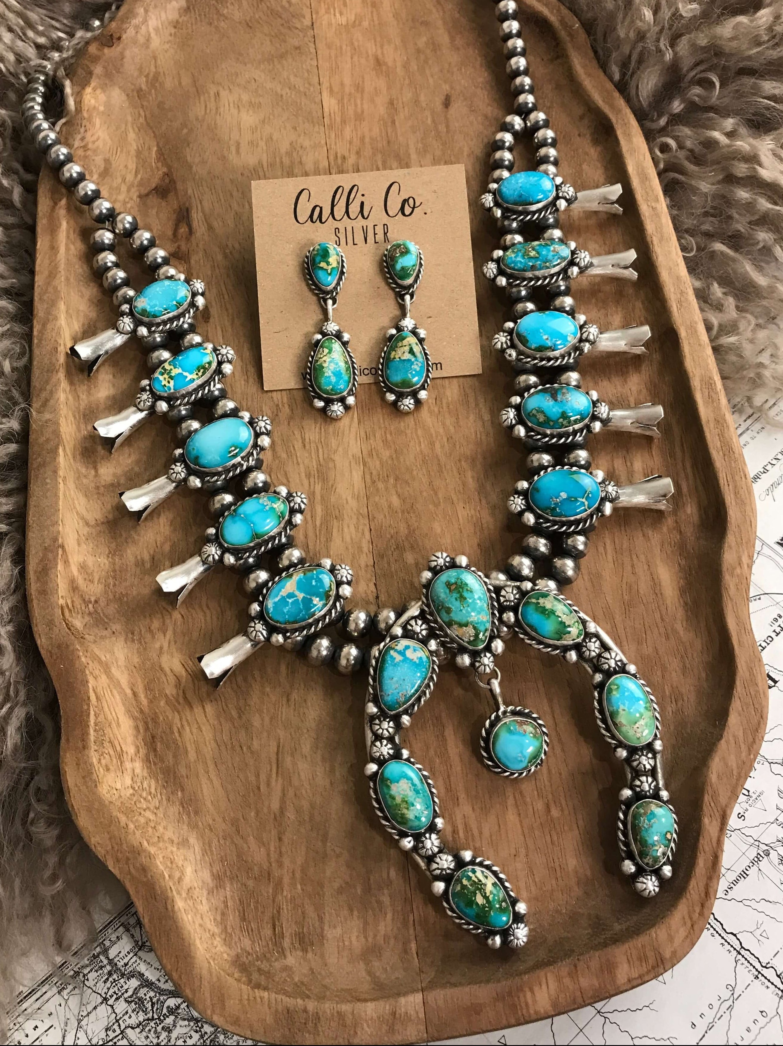 The Wind River Squash Blossom Necklace Set-Necklaces-Calli Co., Turquoise and Silver Jewelry, Native American Handmade, Zuni Tribe, Navajo Tribe, Brock Texas