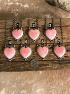 The Benavides Pink Conch Heart Necklaces-Necklaces-Calli Co., Turquoise and Silver Jewelry, Native American Handmade, Zuni Tribe, Navajo Tribe, Brock Texas