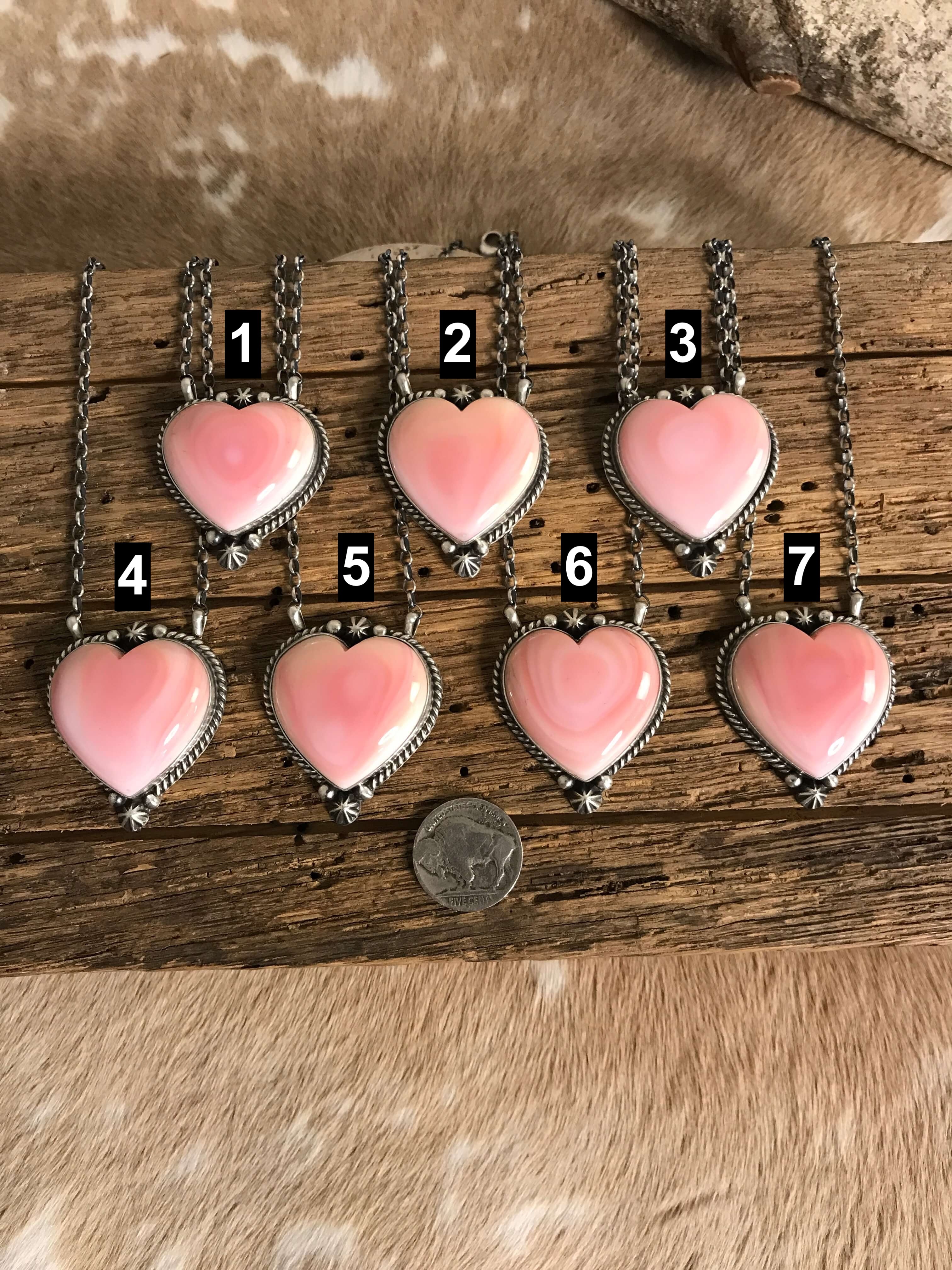 The Benavides Pink Conch Heart Necklaces-Necklaces-Calli Co., Turquoise and Silver Jewelry, Native American Handmade, Zuni Tribe, Navajo Tribe, Brock Texas