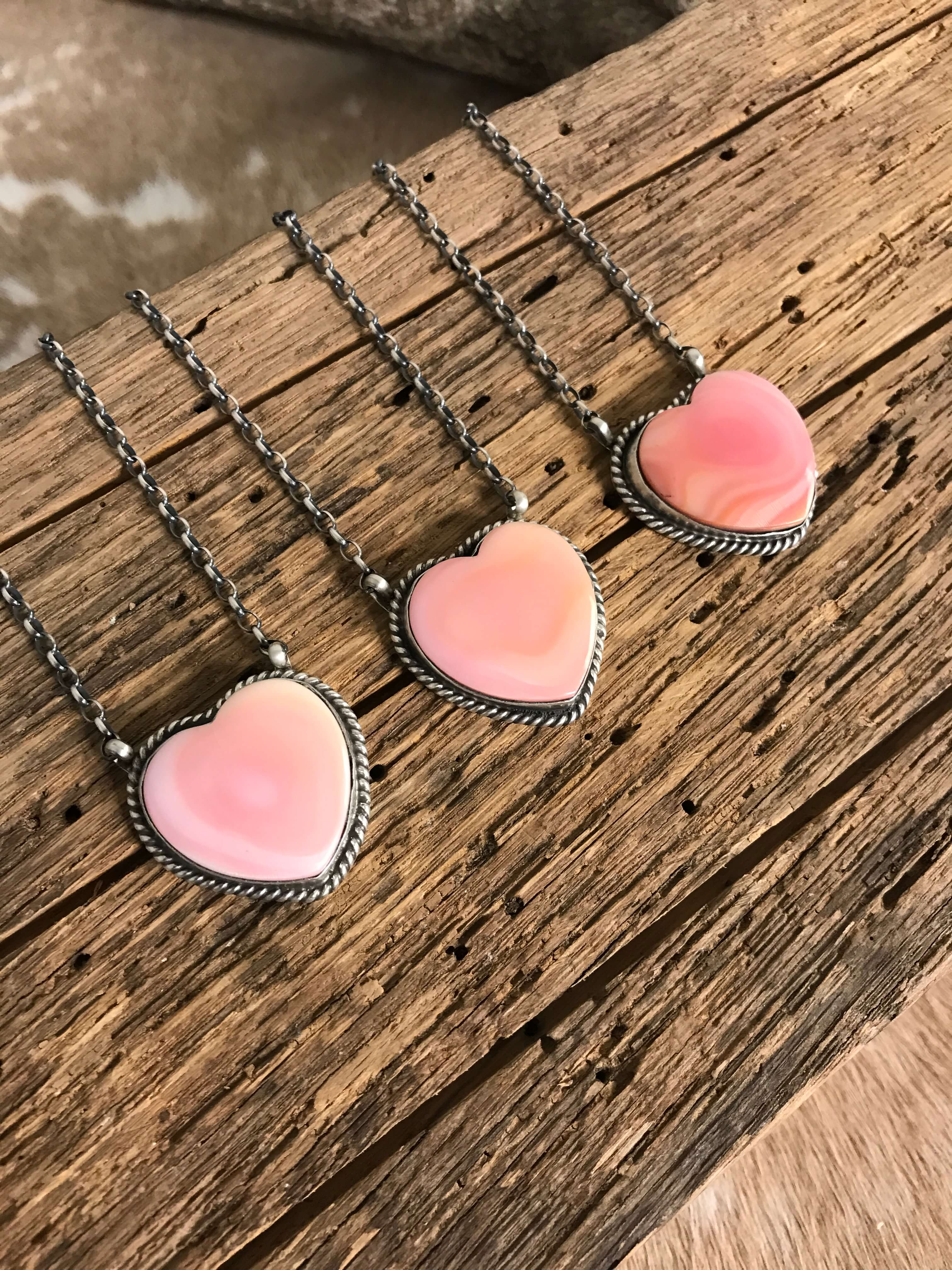 The Tori Pink Conch Heart Necklaces-Necklaces-Calli Co., Turquoise and Silver Jewelry, Native American Handmade, Zuni Tribe, Navajo Tribe, Brock Texas