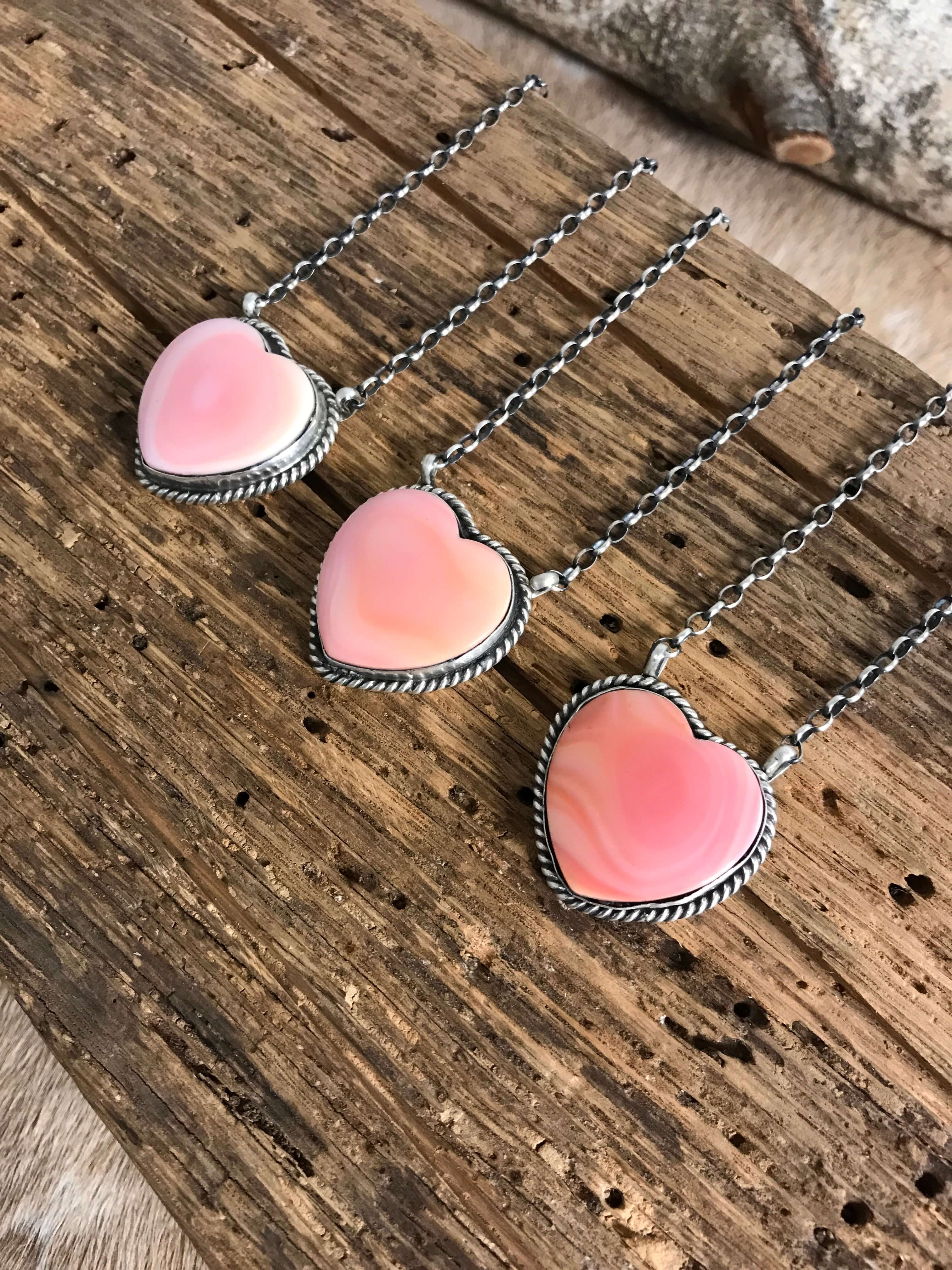 The Tori Pink Conch Heart Necklaces-Necklaces-Calli Co., Turquoise and Silver Jewelry, Native American Handmade, Zuni Tribe, Navajo Tribe, Brock Texas