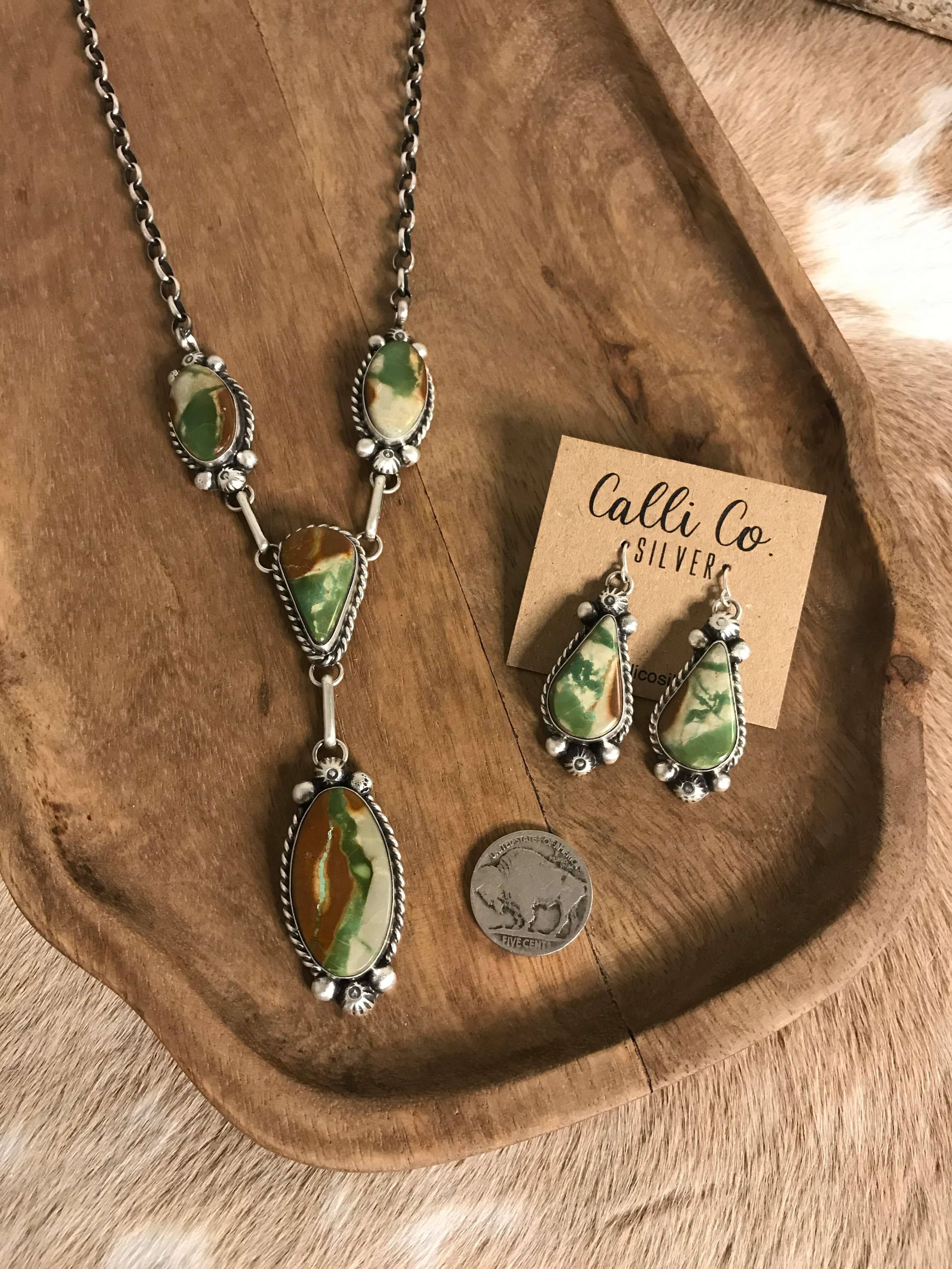 The Tehachapi Lariat Necklace Set-Necklaces-Calli Co., Turquoise and Silver Jewelry, Native American Handmade, Zuni Tribe, Navajo Tribe, Brock Texas