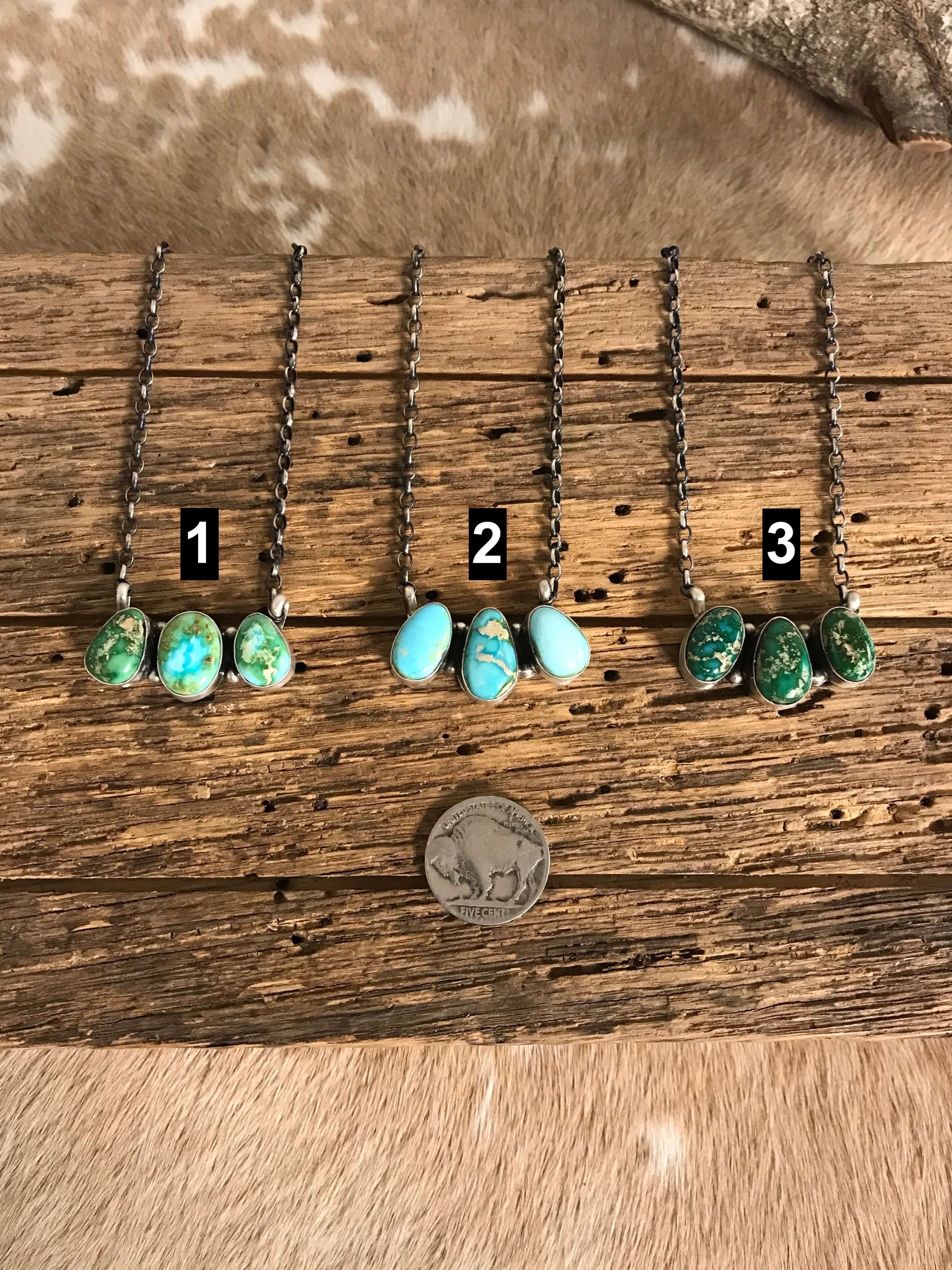 The Mckinnon Turquoise 3 Stone Necklaces-Necklaces-Calli Co., Turquoise and Silver Jewelry, Native American Handmade, Zuni Tribe, Navajo Tribe, Brock Texas