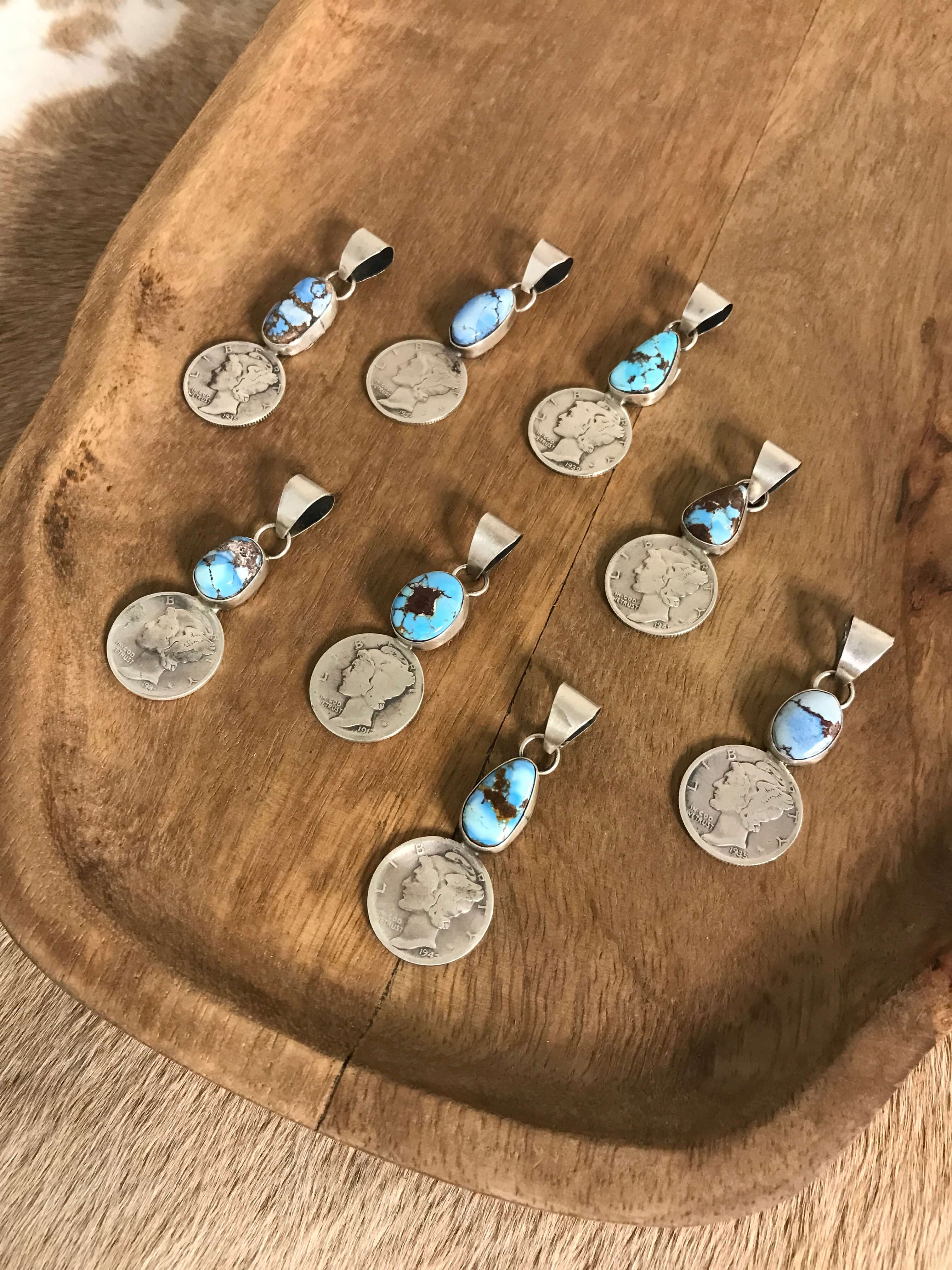 The Golden Hills Dime Pendants-Pendants-Calli Co., Turquoise and Silver Jewelry, Native American Handmade, Zuni Tribe, Navajo Tribe, Brock Texas