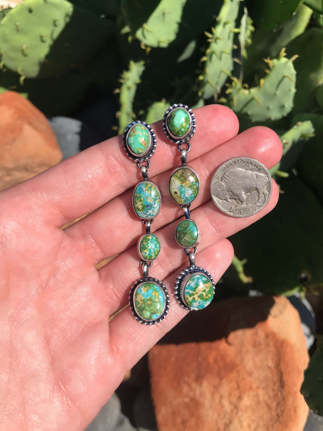 The 4 Stone Drop Earrings, 5-Earrings-Calli Co., Turquoise and Silver Jewelry, Native American Handmade, Zuni Tribe, Navajo Tribe, Brock Texas
