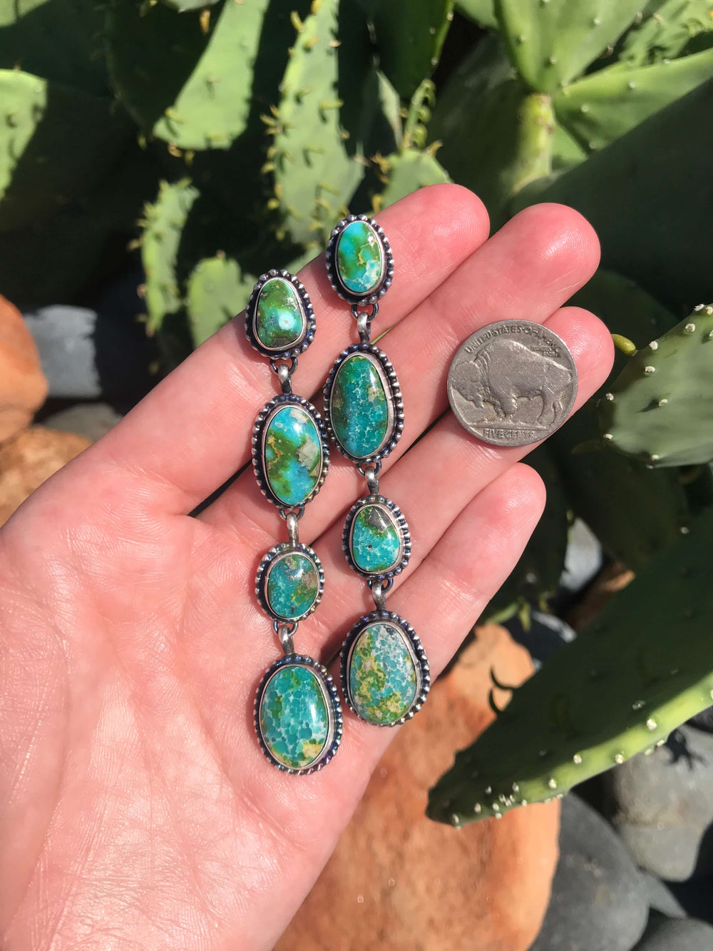 The 4 Stone Drop Earrings, 4-Earrings-Calli Co., Turquoise and Silver Jewelry, Native American Handmade, Zuni Tribe, Navajo Tribe, Brock Texas