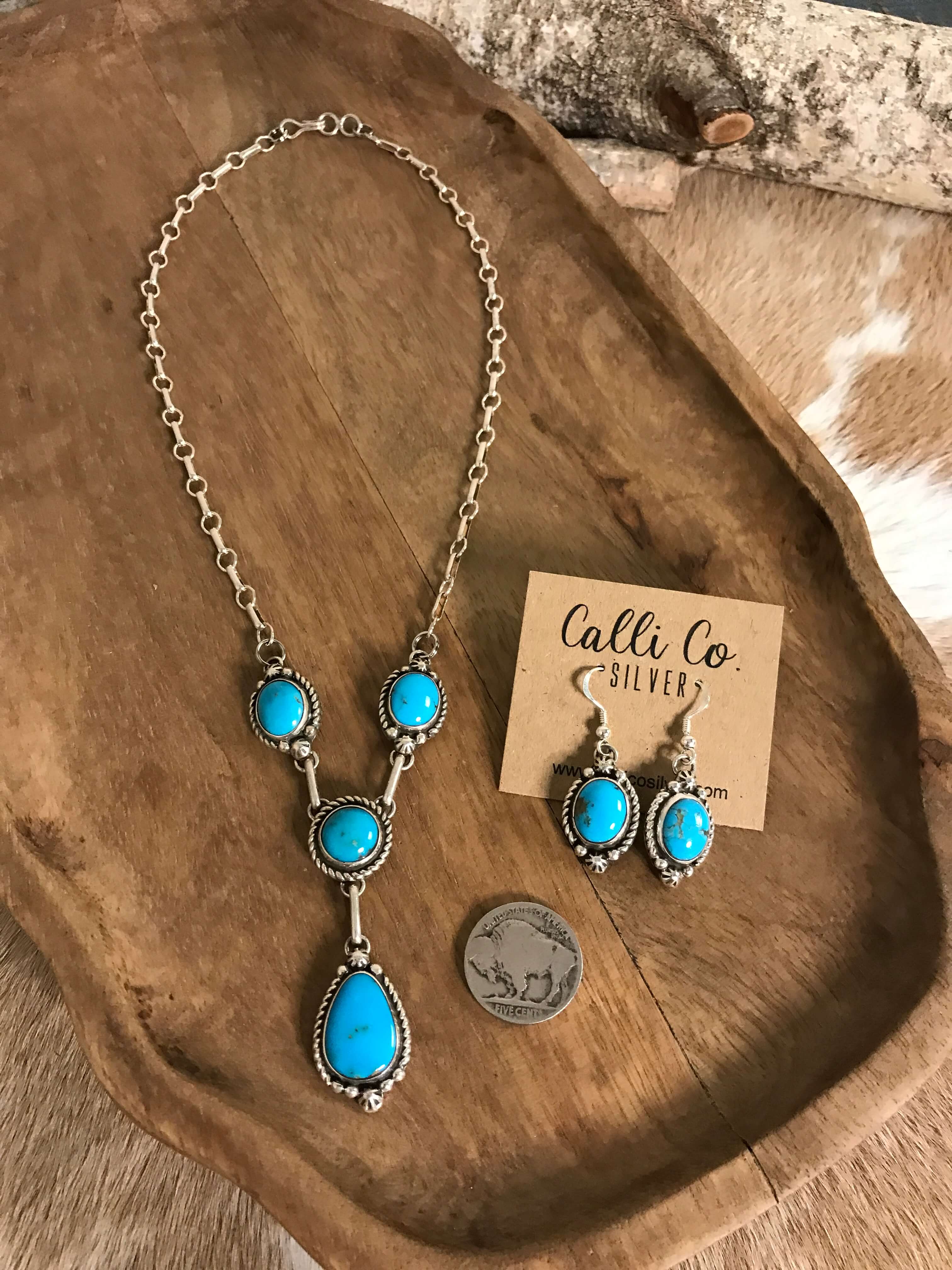 The Tullamore Lariat Necklace Set-Necklaces-Calli Co., Turquoise and Silver Jewelry, Native American Handmade, Zuni Tribe, Navajo Tribe, Brock Texas
