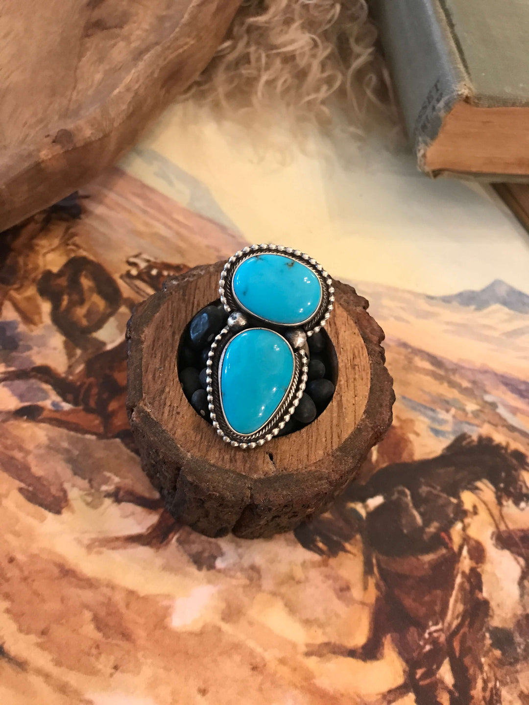 The Wallace Double Stone Turquoise Ring 1, Sz 7.5-Rings-Calli Co., Turquoise and Silver Jewelry, Native American Handmade, Zuni Tribe, Navajo Tribe, Brock Texas