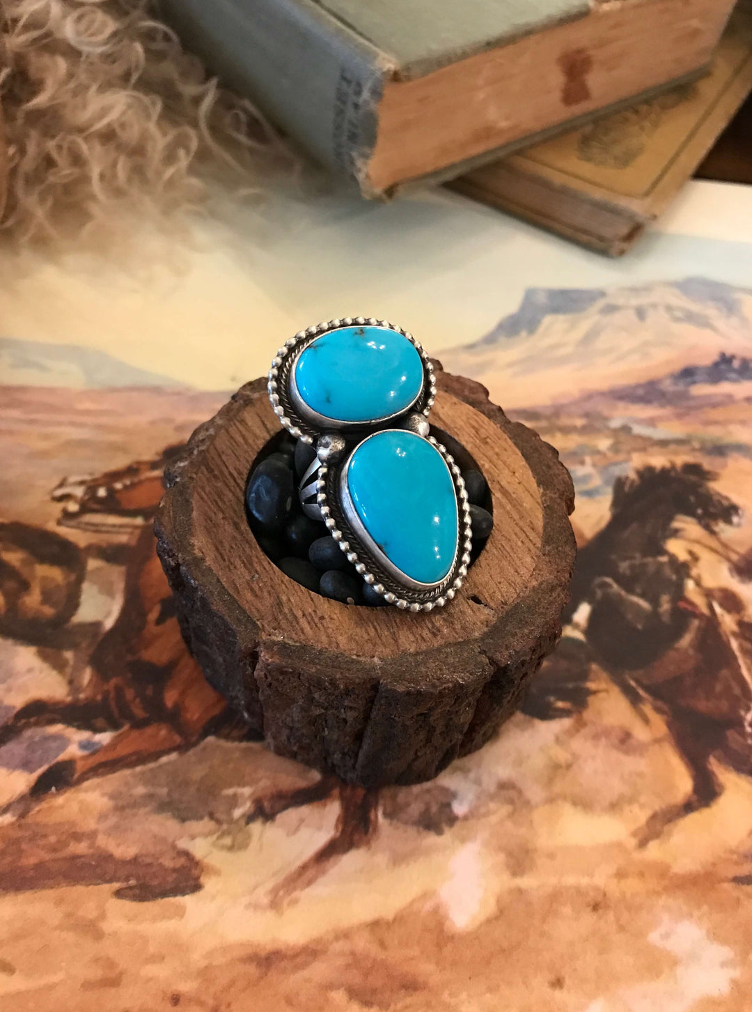 The Wallace Double Stone Turquoise Ring 1, Sz 7.5-Rings-Calli Co., Turquoise and Silver Jewelry, Native American Handmade, Zuni Tribe, Navajo Tribe, Brock Texas