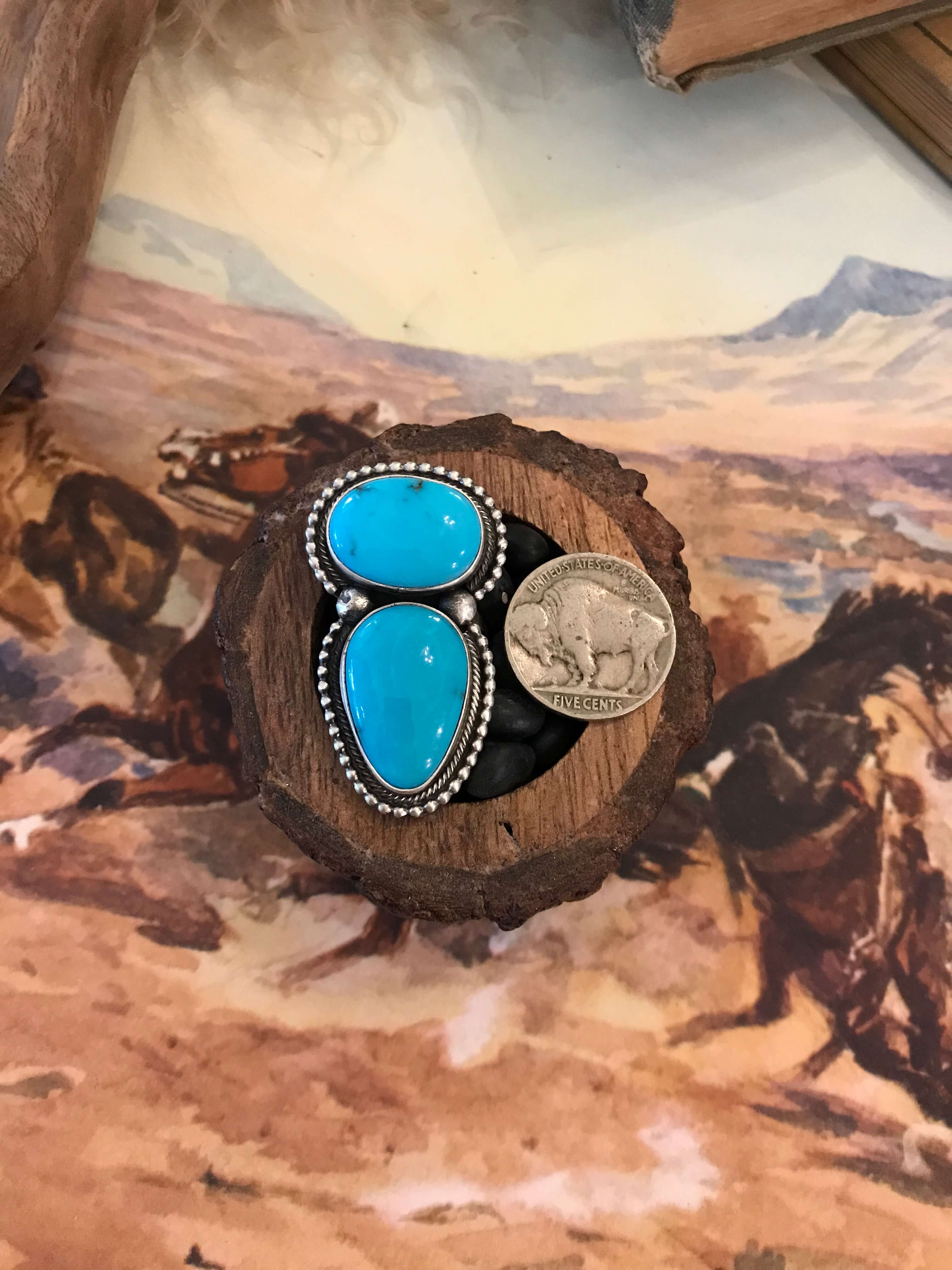 The Wallace Double Stone Turquoise Ring 1, Sz 7.5-Rings-Calli Co., Turquoise and Silver Jewelry, Native American Handmade, Zuni Tribe, Navajo Tribe, Brock Texas