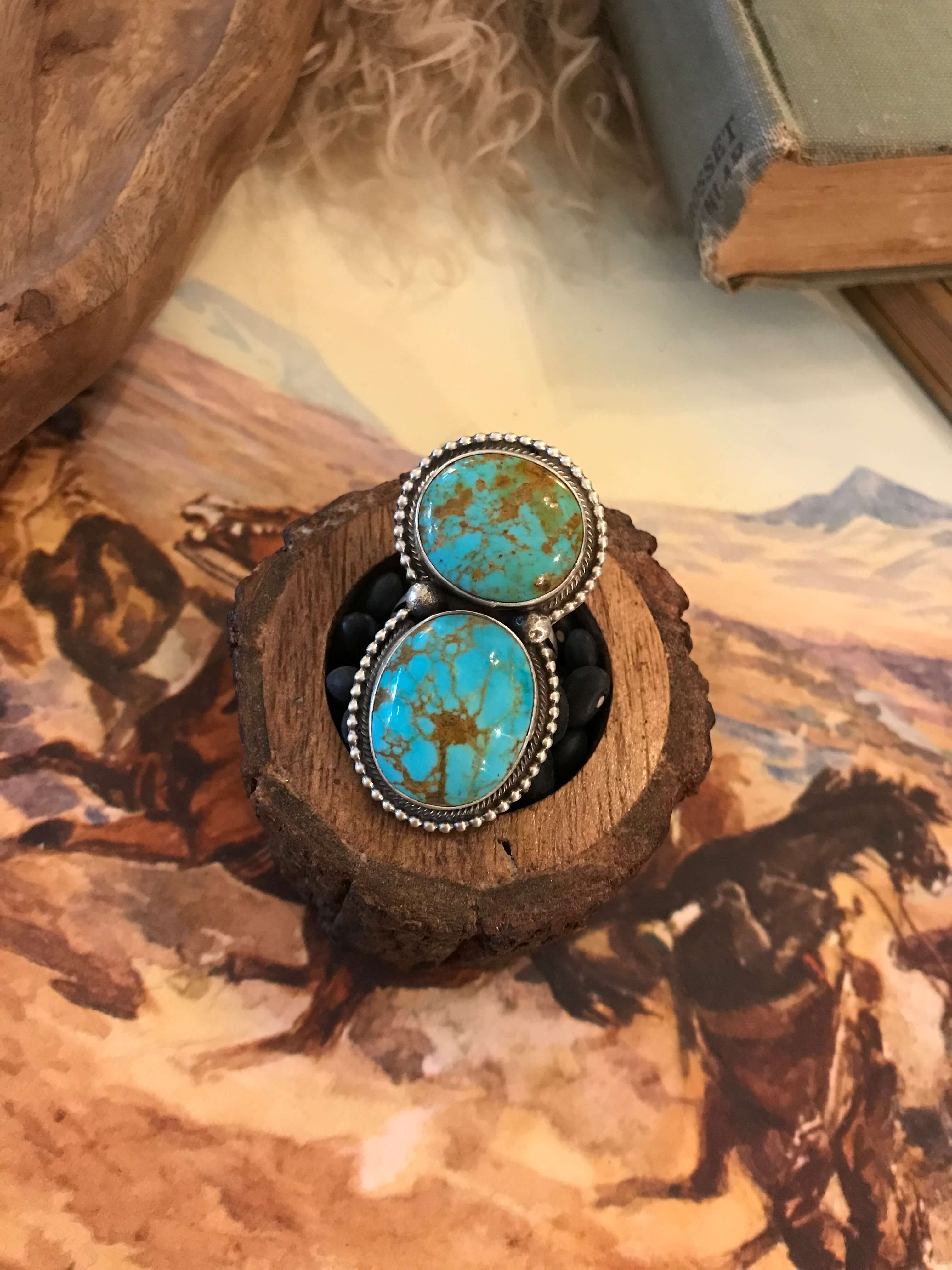 The Wallace Double Stone Turquoise Ring 2, Sz 8-Rings-Calli Co., Turquoise and Silver Jewelry, Native American Handmade, Zuni Tribe, Navajo Tribe, Brock Texas