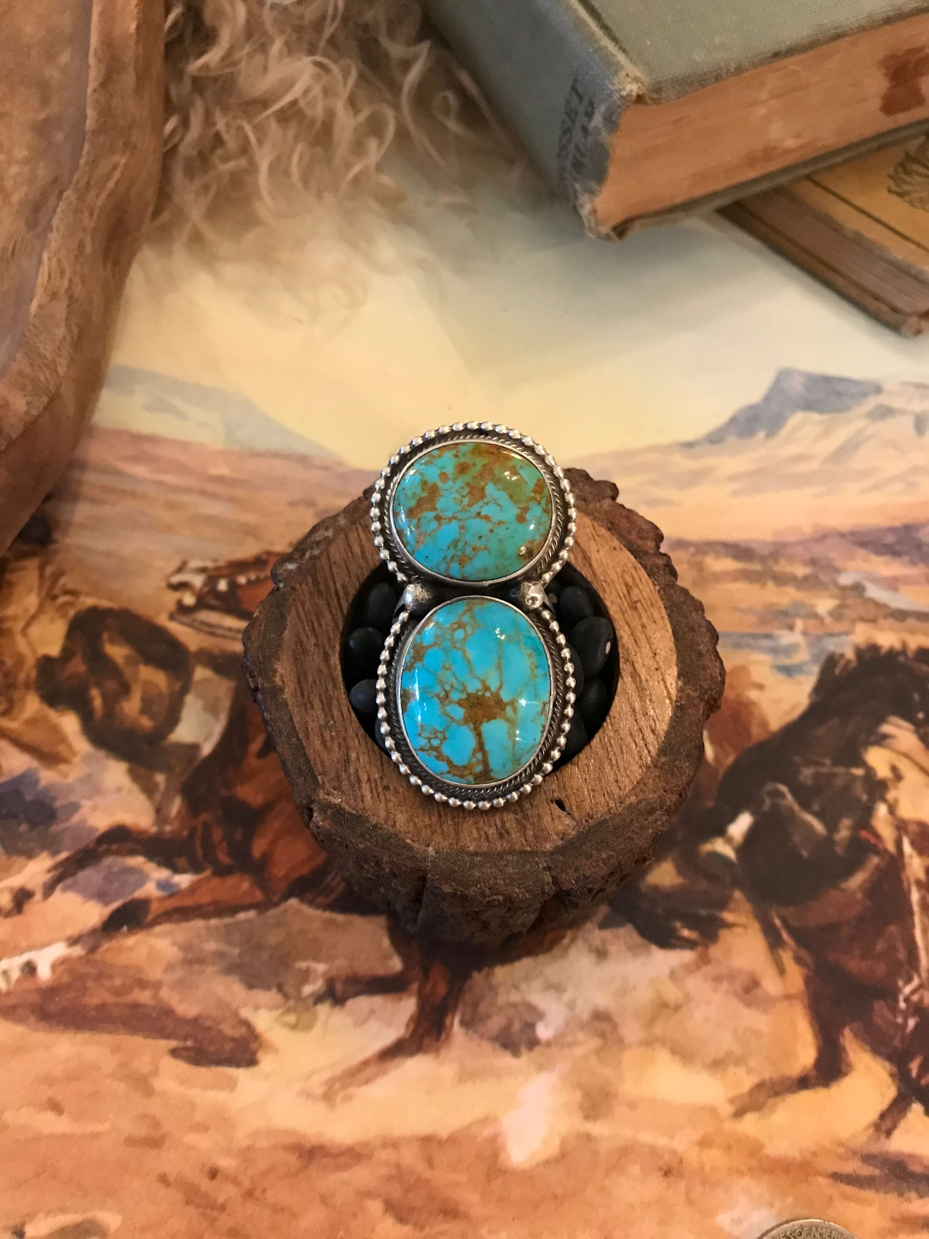 The Wallace Double Stone Turquoise Ring 2, Sz 8-Rings-Calli Co., Turquoise and Silver Jewelry, Native American Handmade, Zuni Tribe, Navajo Tribe, Brock Texas