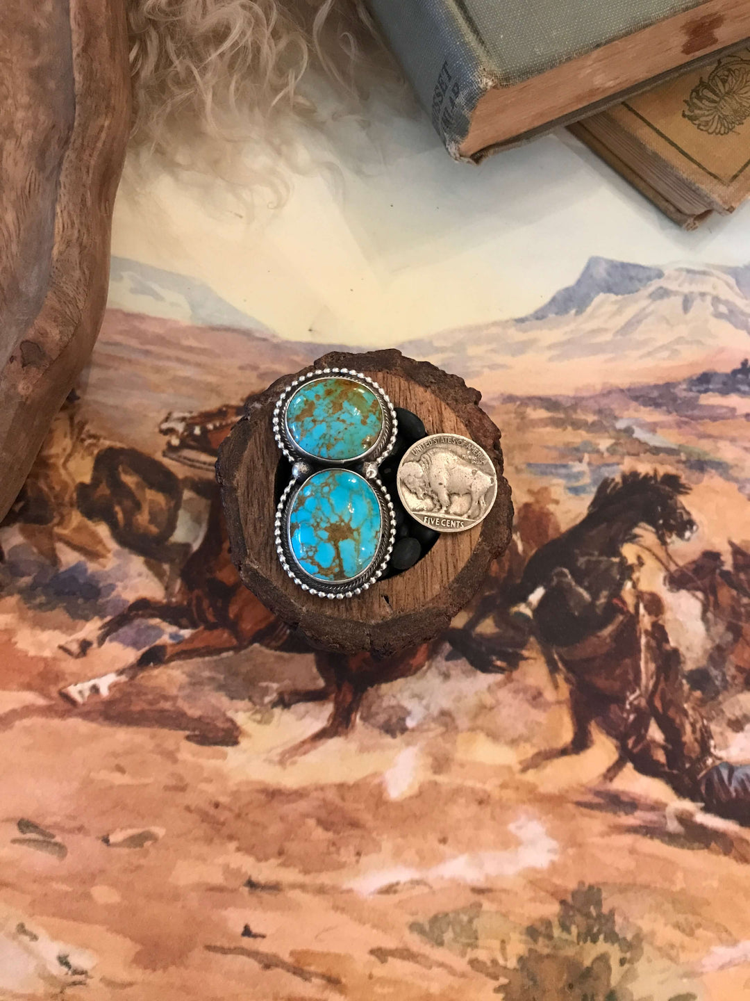 The Wallace Double Stone Turquoise Ring 2, Sz 8-Rings-Calli Co., Turquoise and Silver Jewelry, Native American Handmade, Zuni Tribe, Navajo Tribe, Brock Texas
