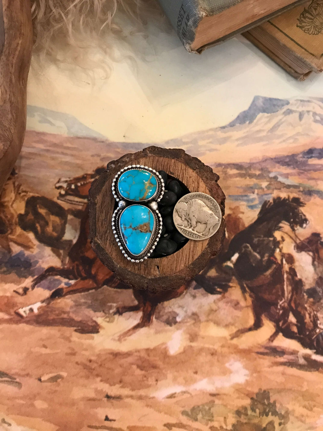 The Wallace Double Stone Turquoise Ring 3, Sz 6.5-Rings-Calli Co., Turquoise and Silver Jewelry, Native American Handmade, Zuni Tribe, Navajo Tribe, Brock Texas