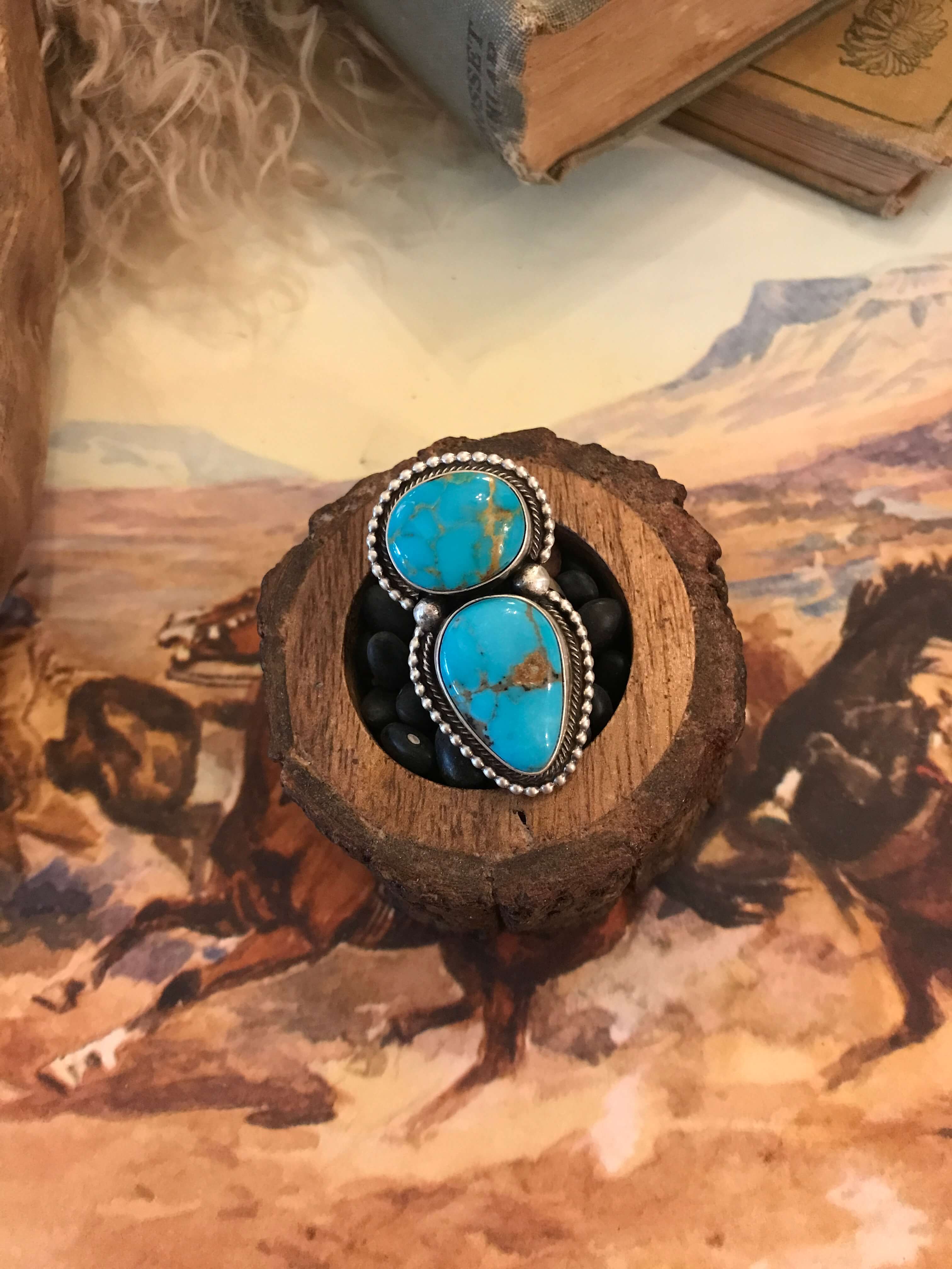 The Wallace Double Stone Turquoise Ring 3, Sz 6.5-Rings-Calli Co., Turquoise and Silver Jewelry, Native American Handmade, Zuni Tribe, Navajo Tribe, Brock Texas