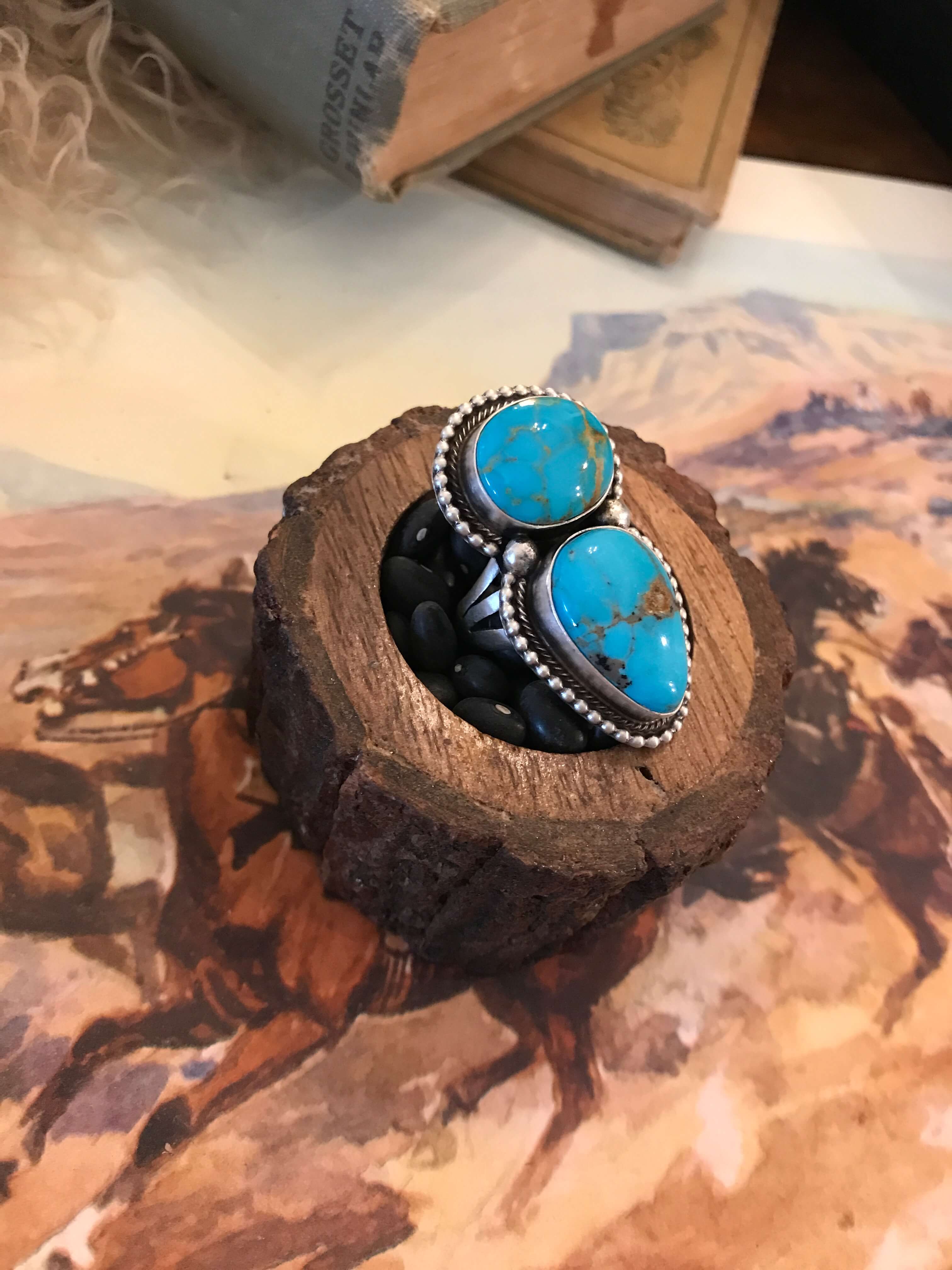 The Wallace Double Stone Turquoise Ring 3, Sz 6.5-Rings-Calli Co., Turquoise and Silver Jewelry, Native American Handmade, Zuni Tribe, Navajo Tribe, Brock Texas