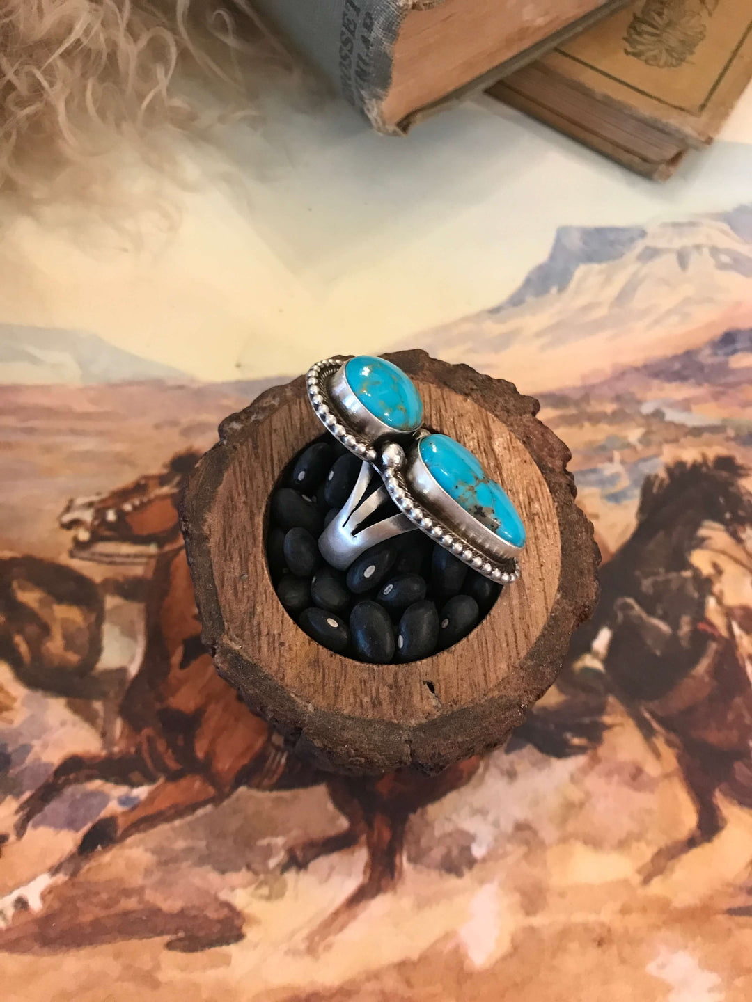 The Wallace Double Stone Turquoise Ring 3, Sz 6.5-Rings-Calli Co., Turquoise and Silver Jewelry, Native American Handmade, Zuni Tribe, Navajo Tribe, Brock Texas
