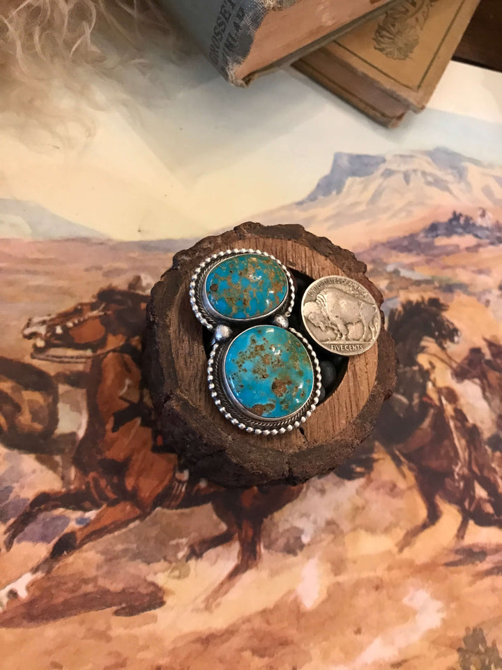 The Wallace Double Stone Turquoise Ring 4, Sz 7.5-Rings-Calli Co., Turquoise and Silver Jewelry, Native American Handmade, Zuni Tribe, Navajo Tribe, Brock Texas