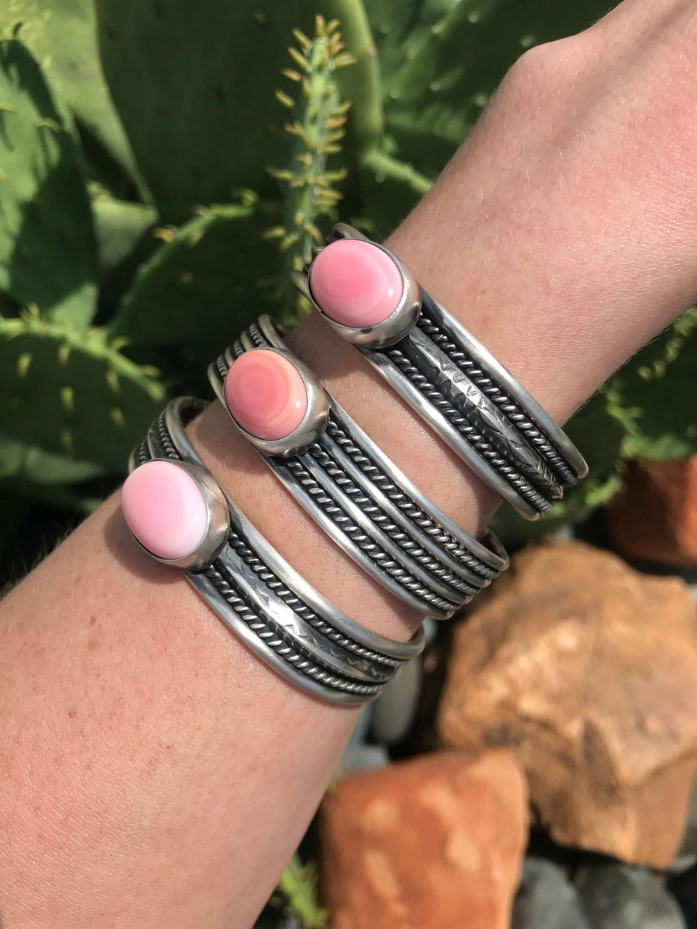 The Levelland Pink Conch Cuffs-Bracelets & Cuffs-Calli Co., Turquoise and Silver Jewelry, Native American Handmade, Zuni Tribe, Navajo Tribe, Brock Texas