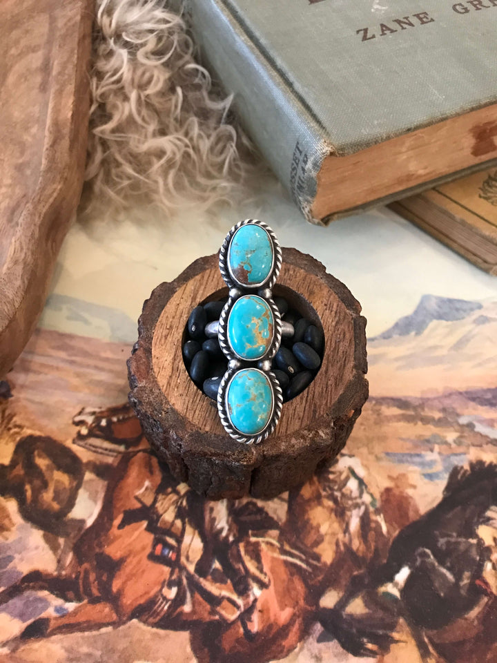 The Triple Stone Adjustable Turquoise Ring, 3-Rings-Calli Co., Turquoise and Silver Jewelry, Native American Handmade, Zuni Tribe, Navajo Tribe, Brock Texas