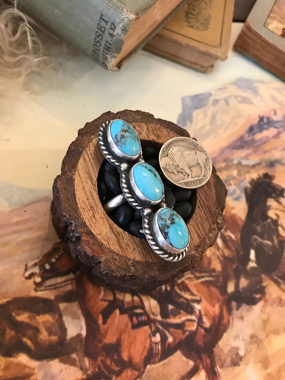 The Triple Stone Adjustable Turquoise Ring, 5-Rings-Calli Co., Turquoise and Silver Jewelry, Native American Handmade, Zuni Tribe, Navajo Tribe, Brock Texas