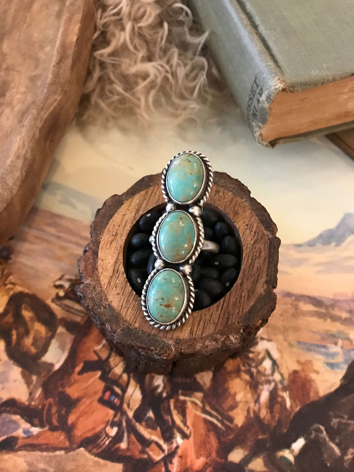 The Triple Stone Adjustable Turquoise Ring, 7-Rings-Calli Co., Turquoise and Silver Jewelry, Native American Handmade, Zuni Tribe, Navajo Tribe, Brock Texas