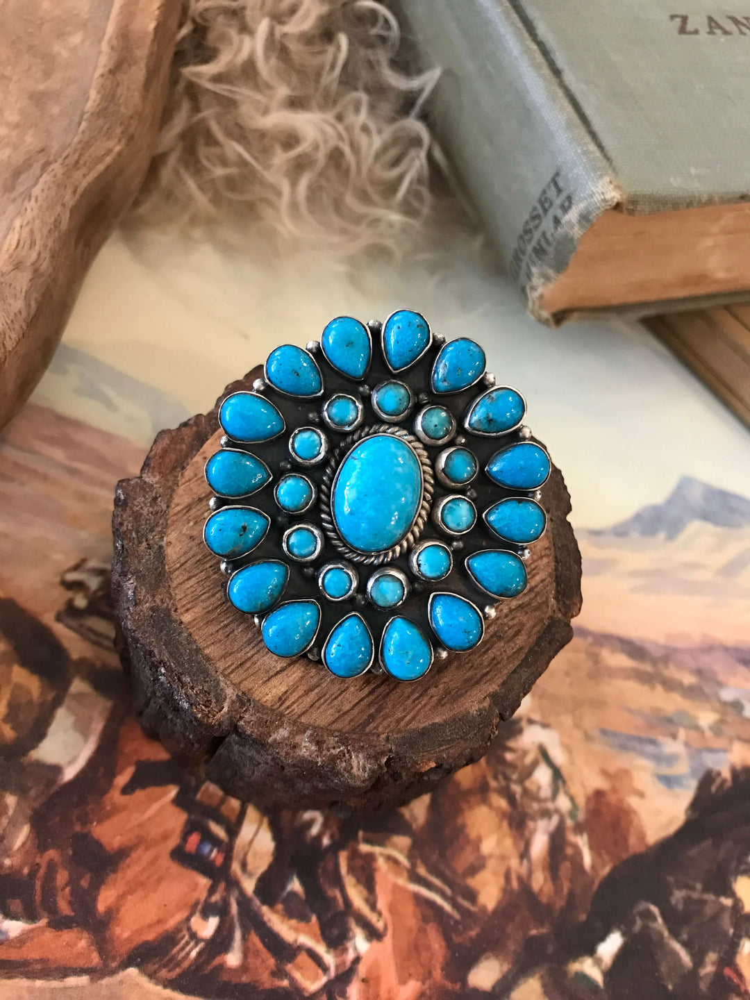 The Vanderbilt Turquoise Cluster Ring 2, Sz 8-Rings-Calli Co., Turquoise and Silver Jewelry, Native American Handmade, Zuni Tribe, Navajo Tribe, Brock Texas