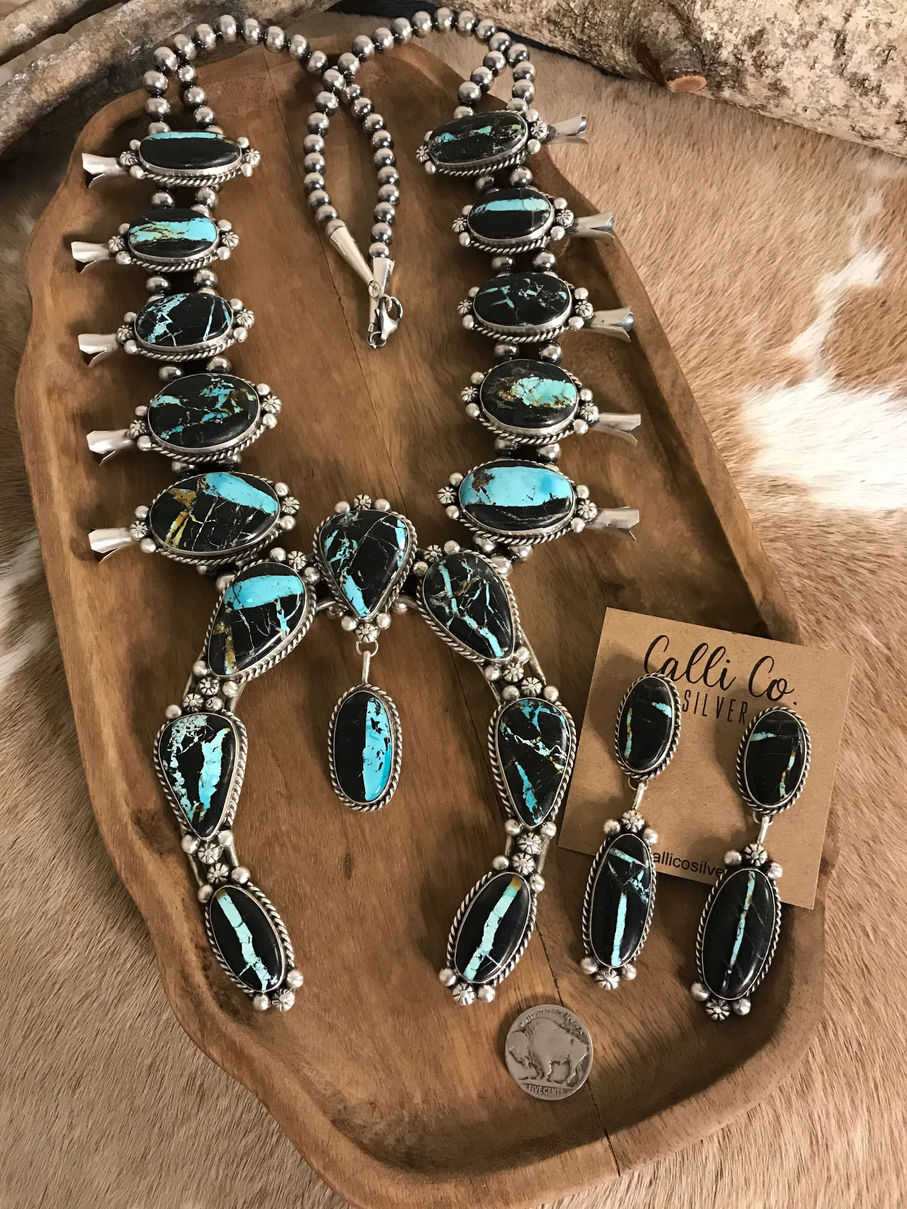 The Borrego Grande Squash Blossom Necklace Set-Necklaces-Calli Co., Turquoise and Silver Jewelry, Native American Handmade, Zuni Tribe, Navajo Tribe, Brock Texas