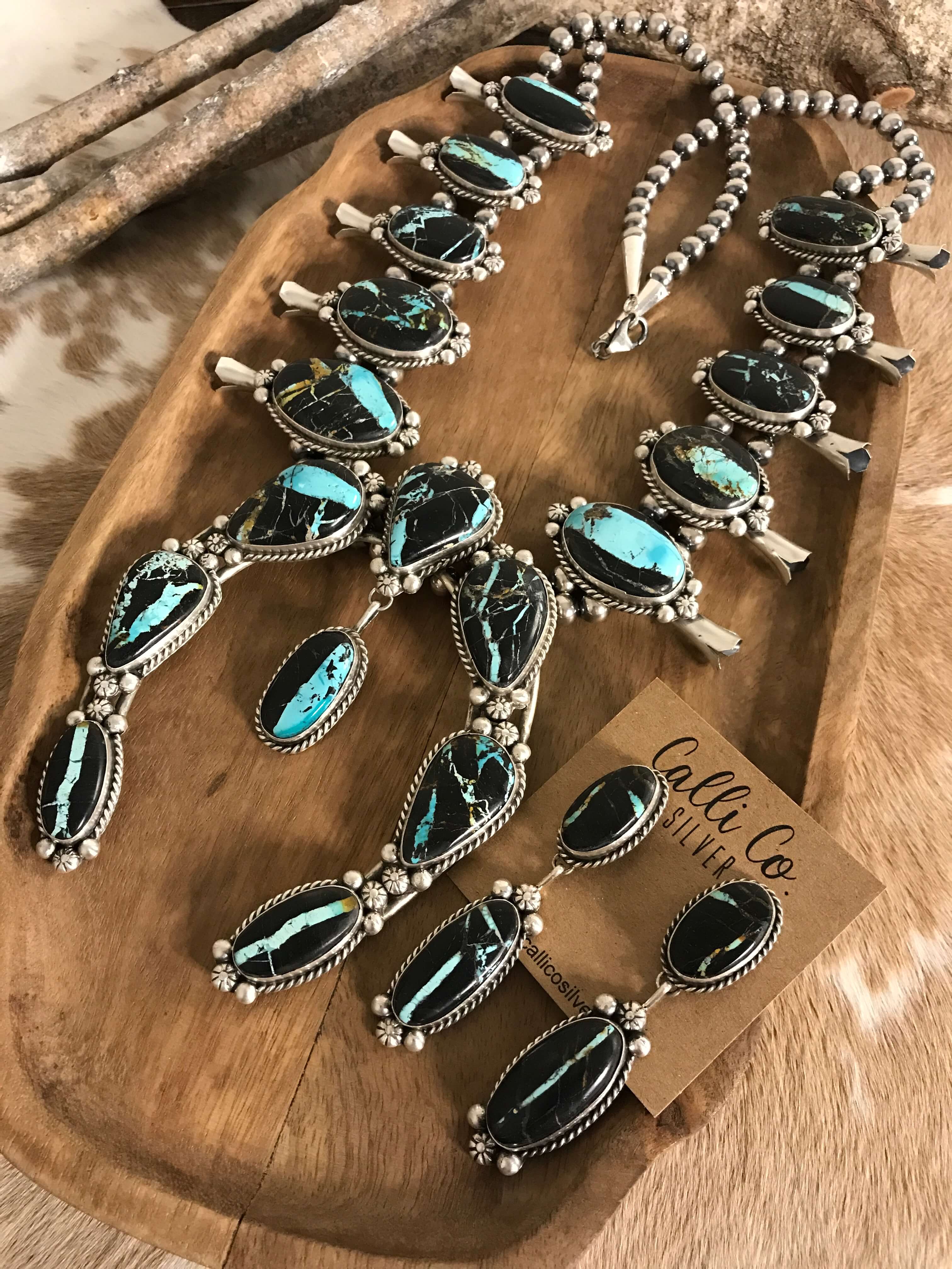 The Borrego Grande Squash Blossom Necklace Set-Necklaces-Calli Co., Turquoise and Silver Jewelry, Native American Handmade, Zuni Tribe, Navajo Tribe, Brock Texas