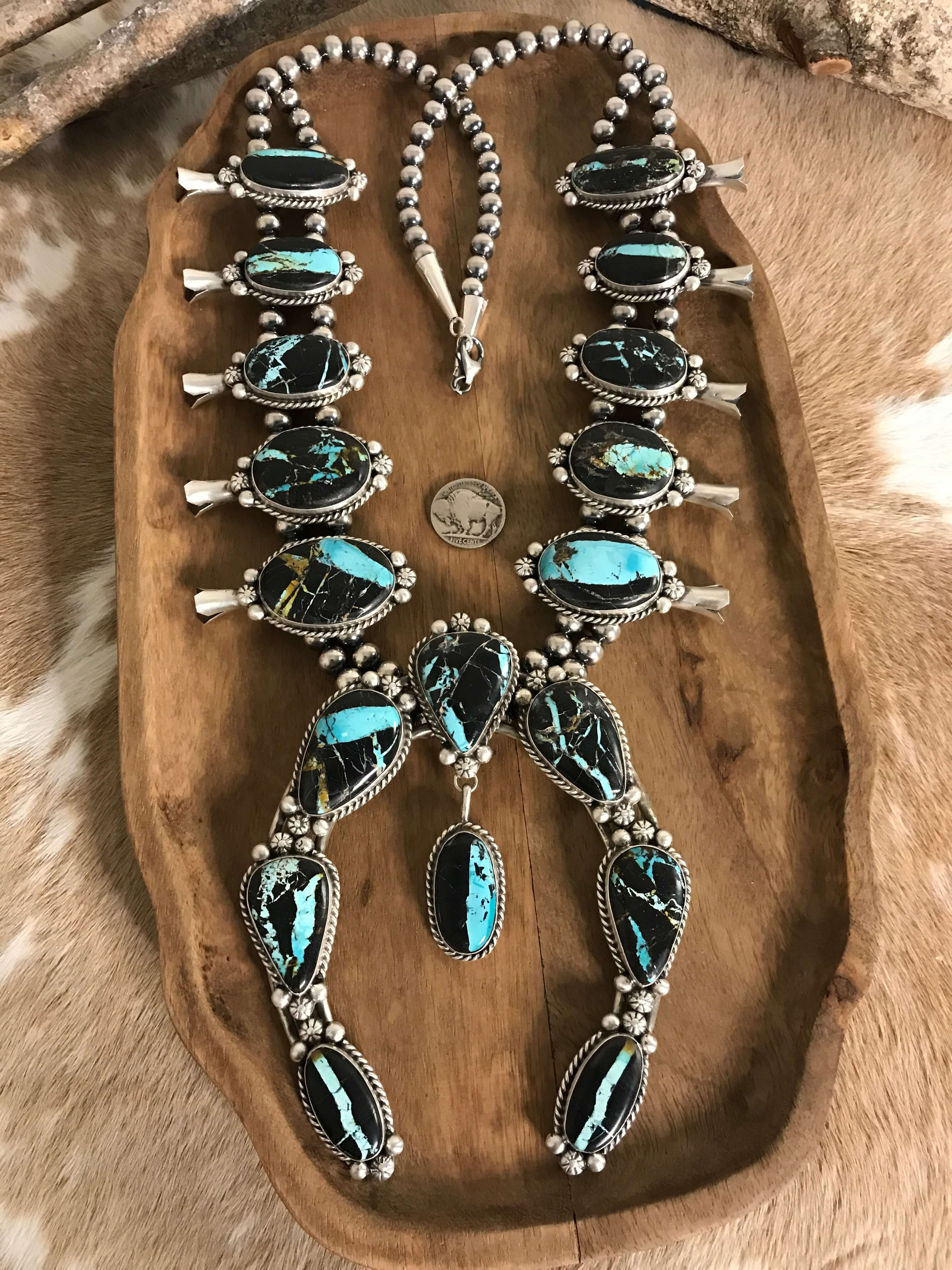 The Borrego Grande Squash Blossom Necklace Set-Necklaces-Calli Co., Turquoise and Silver Jewelry, Native American Handmade, Zuni Tribe, Navajo Tribe, Brock Texas