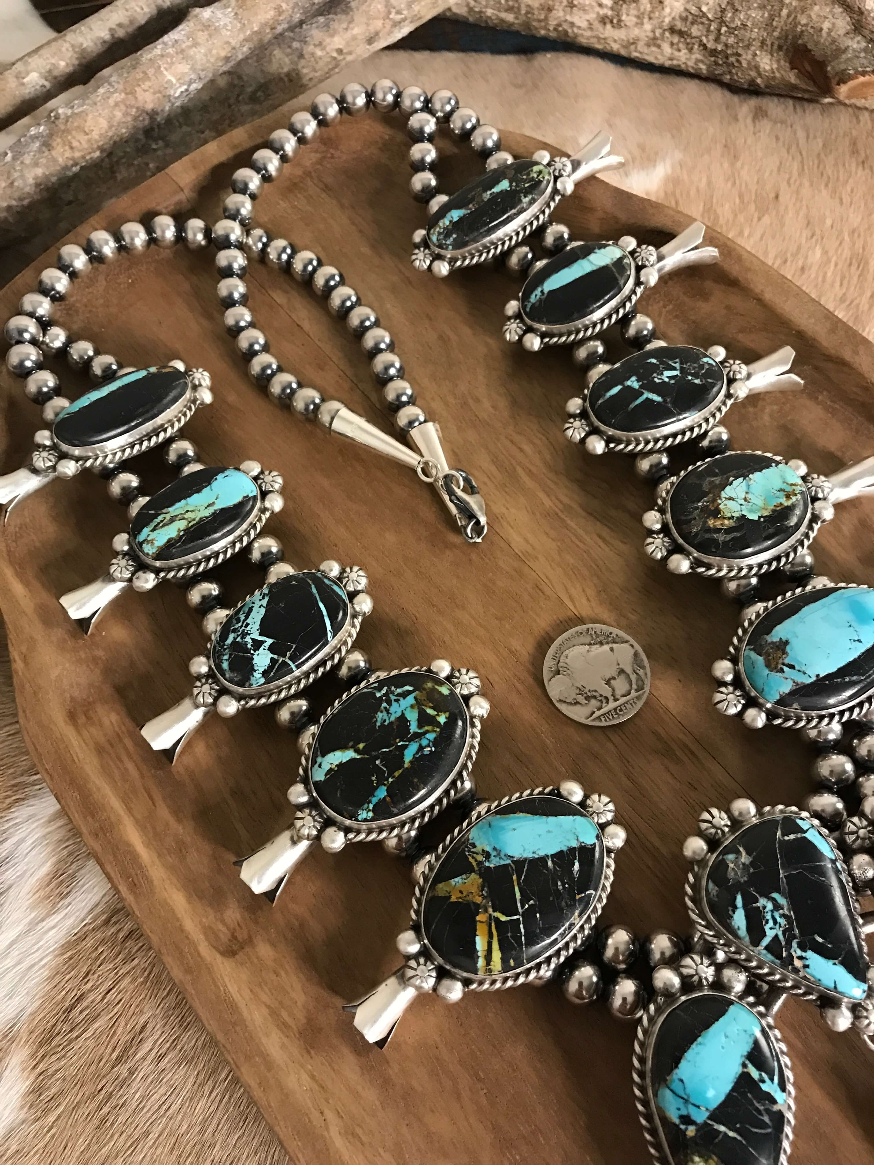 The Borrego Grande Squash Blossom Necklace Set-Necklaces-Calli Co., Turquoise and Silver Jewelry, Native American Handmade, Zuni Tribe, Navajo Tribe, Brock Texas
