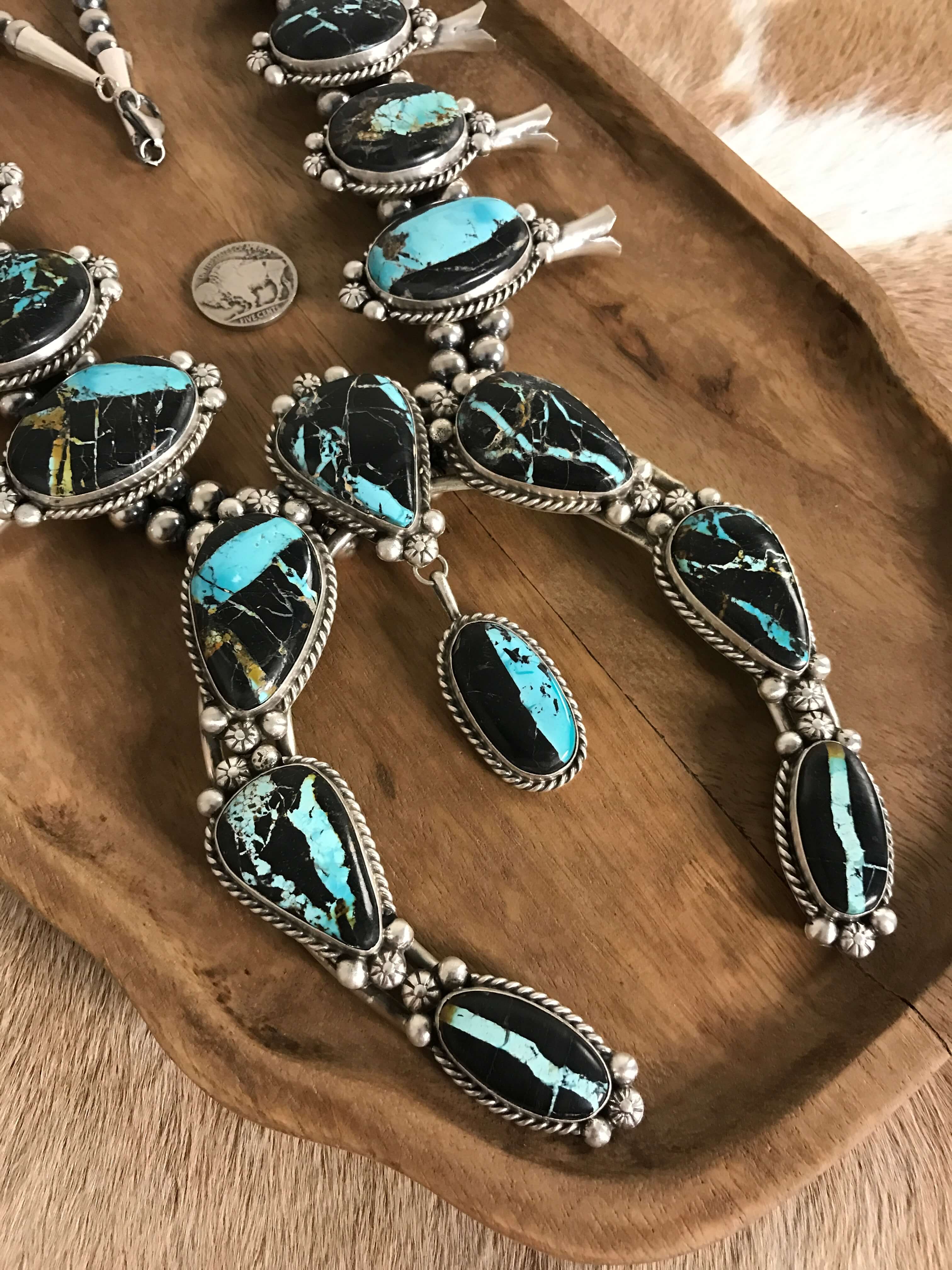 The Borrego Grande Squash Blossom Necklace Set-Necklaces-Calli Co., Turquoise and Silver Jewelry, Native American Handmade, Zuni Tribe, Navajo Tribe, Brock Texas