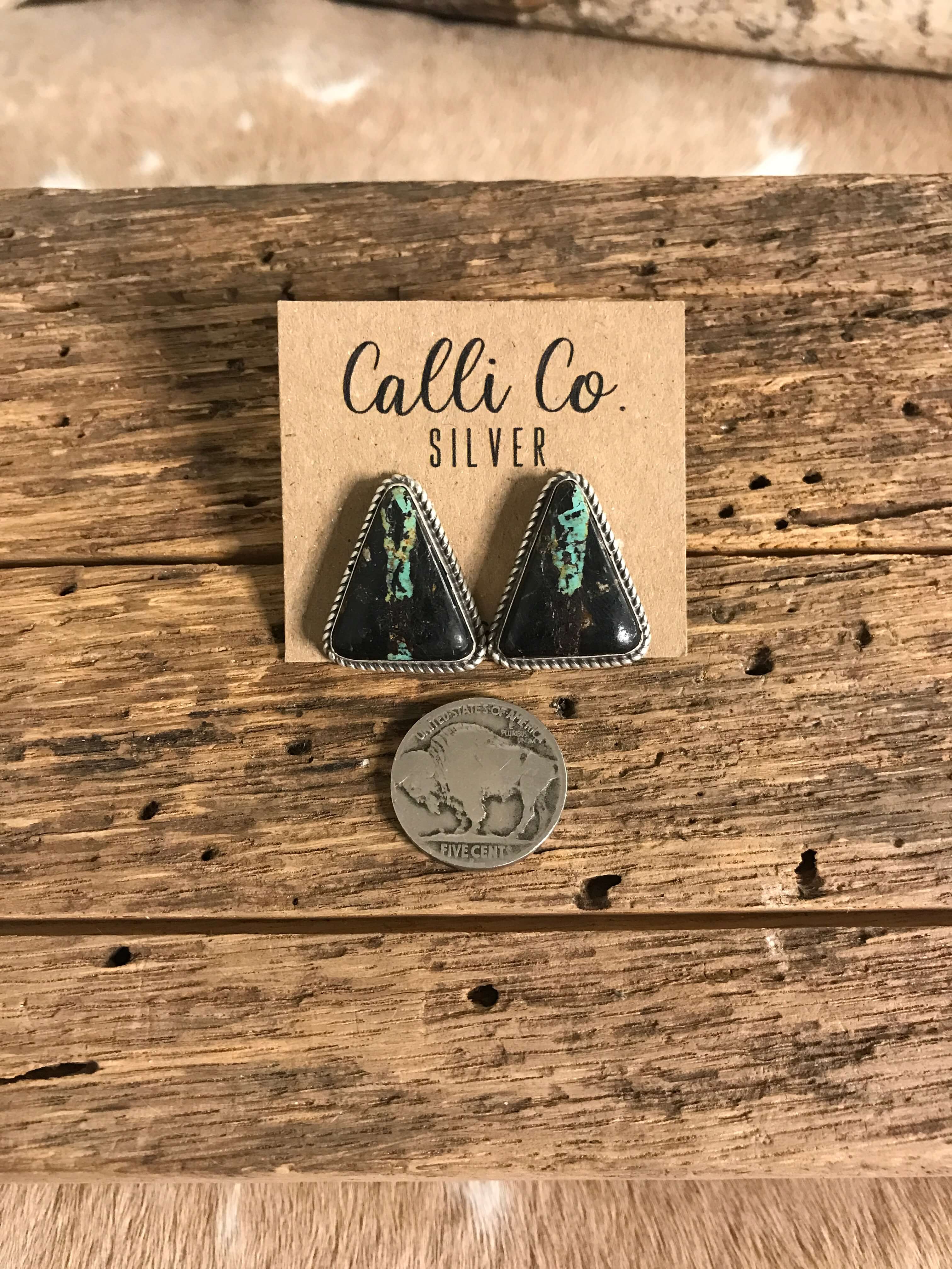 The Black Jack Studs, 3-Earrings-Calli Co., Turquoise and Silver Jewelry, Native American Handmade, Zuni Tribe, Navajo Tribe, Brock Texas