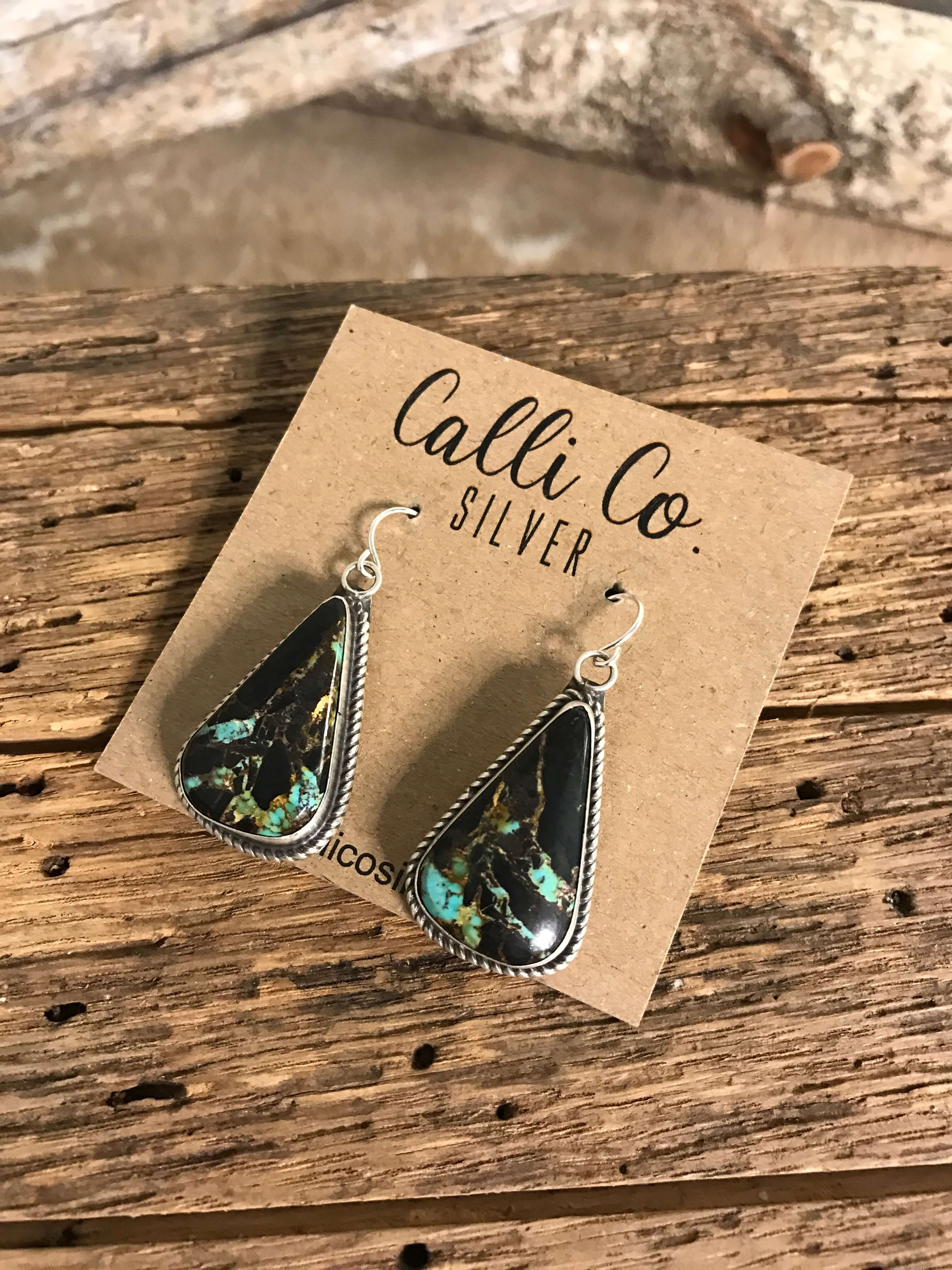 The Black Jack Dangles, 1-Earrings-Calli Co., Turquoise and Silver Jewelry, Native American Handmade, Zuni Tribe, Navajo Tribe, Brock Texas