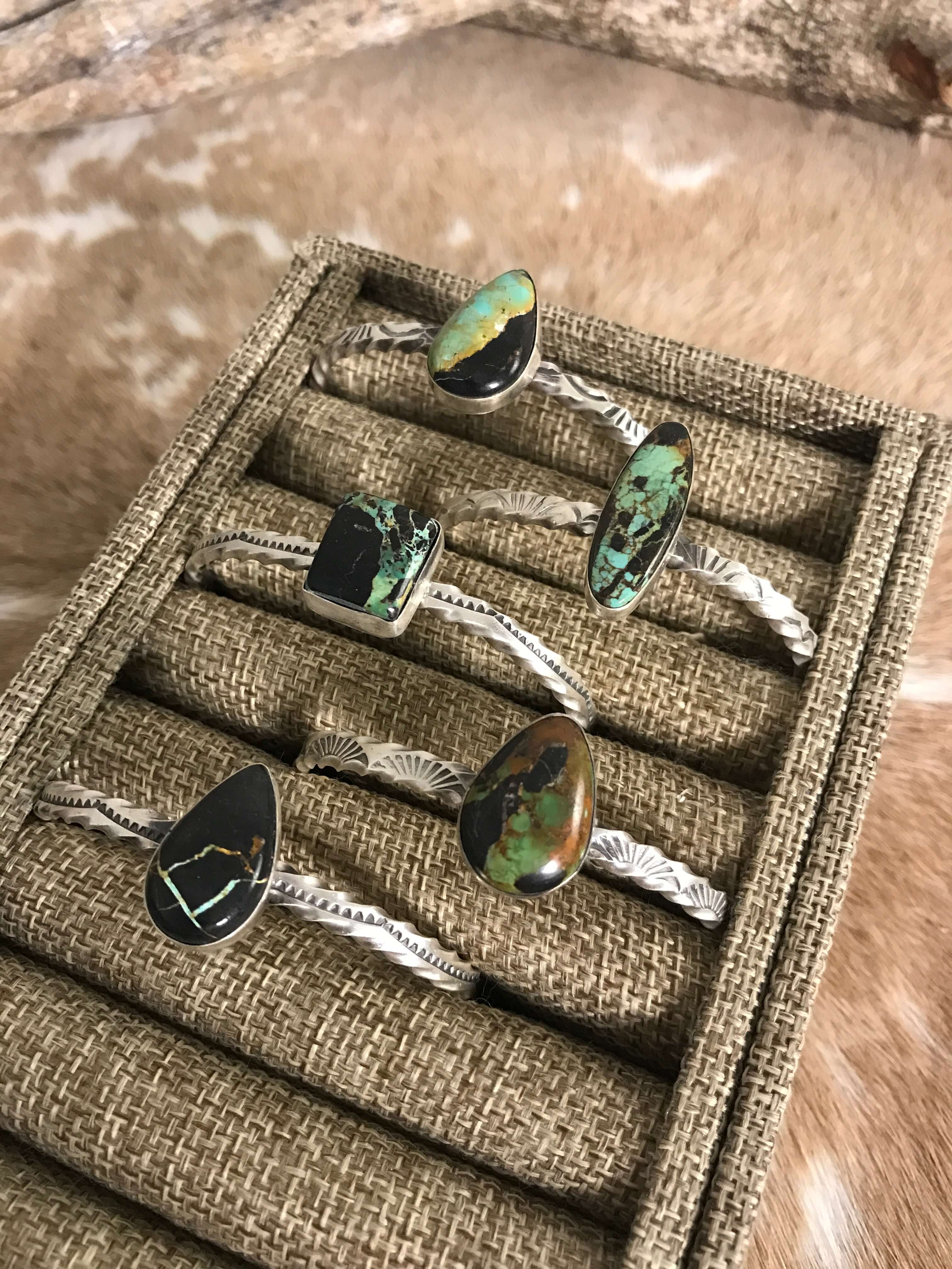 The Tetlin Black Jack Cuffs-Bracelets & Cuffs-Calli Co., Turquoise and Silver Jewelry, Native American Handmade, Zuni Tribe, Navajo Tribe, Brock Texas