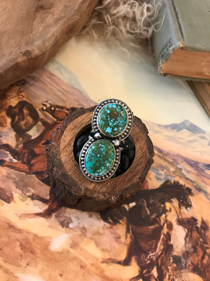 The Wallace Double Stone Turquoise Ring 6, Sz 8.5-Rings-Calli Co., Turquoise and Silver Jewelry, Native American Handmade, Zuni Tribe, Navajo Tribe, Brock Texas