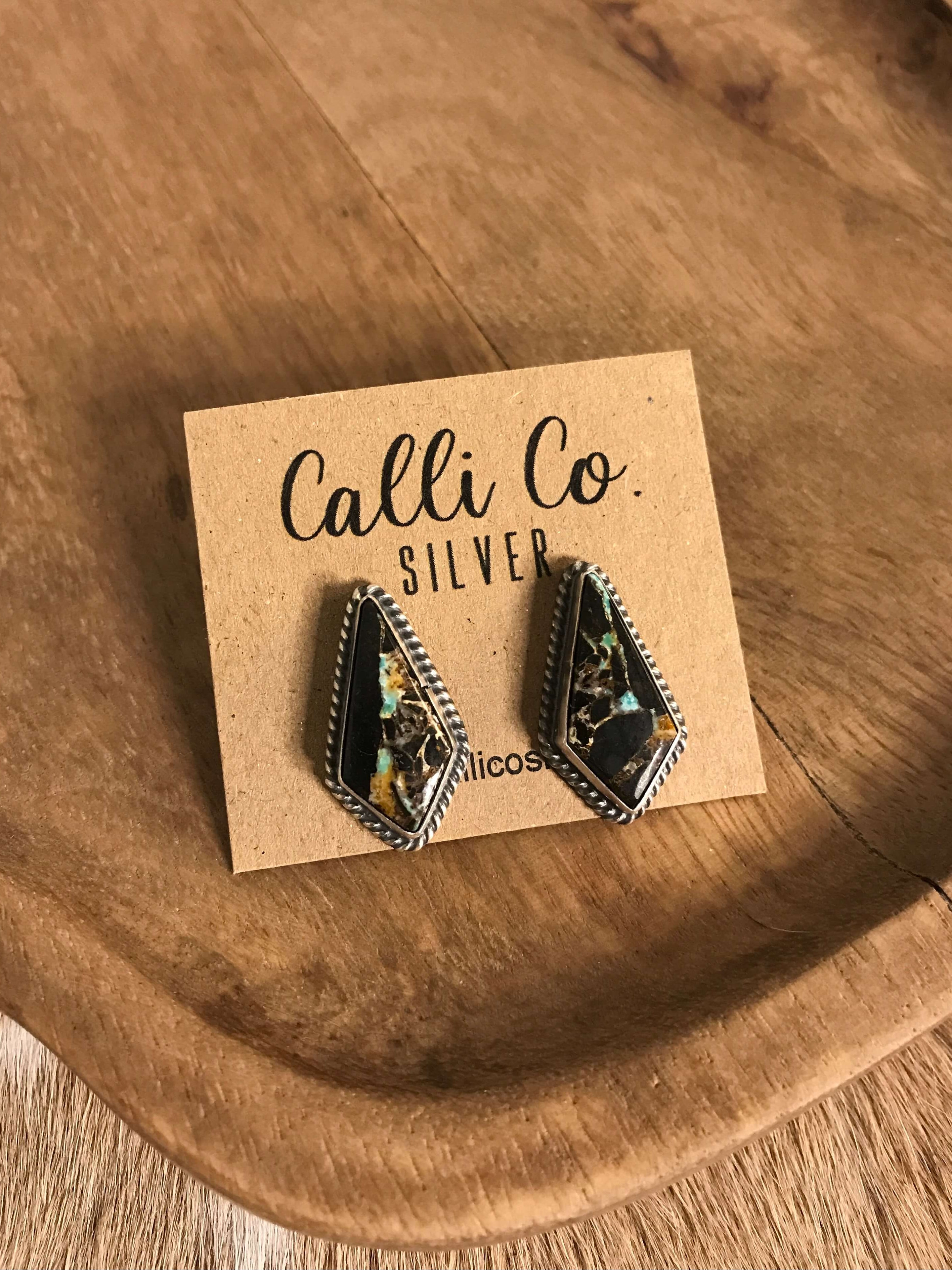 The Black Jack Studs, 6-Earrings-Calli Co., Turquoise and Silver Jewelry, Native American Handmade, Zuni Tribe, Navajo Tribe, Brock Texas
