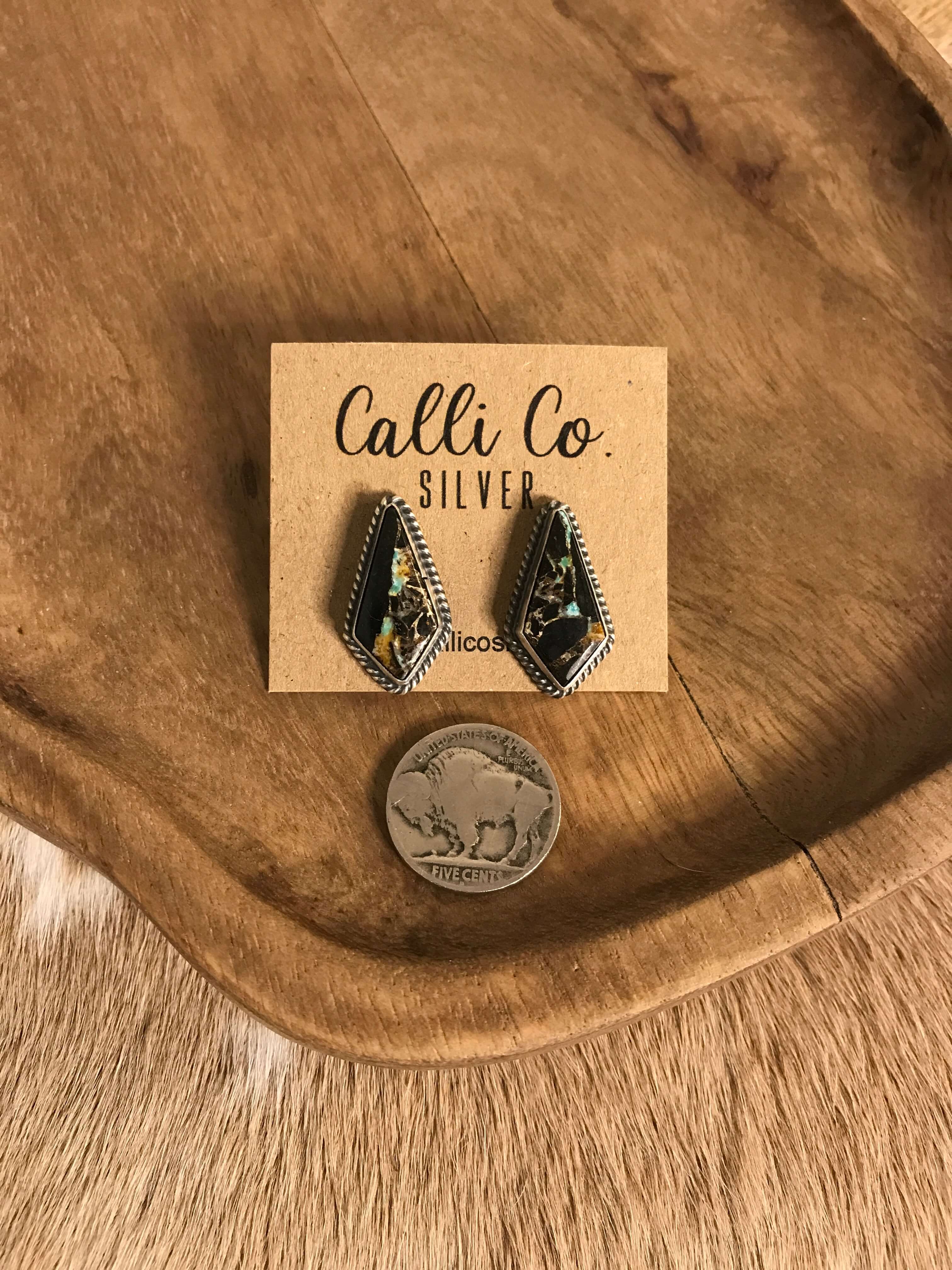 The Black Jack Studs, 6-Earrings-Calli Co., Turquoise and Silver Jewelry, Native American Handmade, Zuni Tribe, Navajo Tribe, Brock Texas