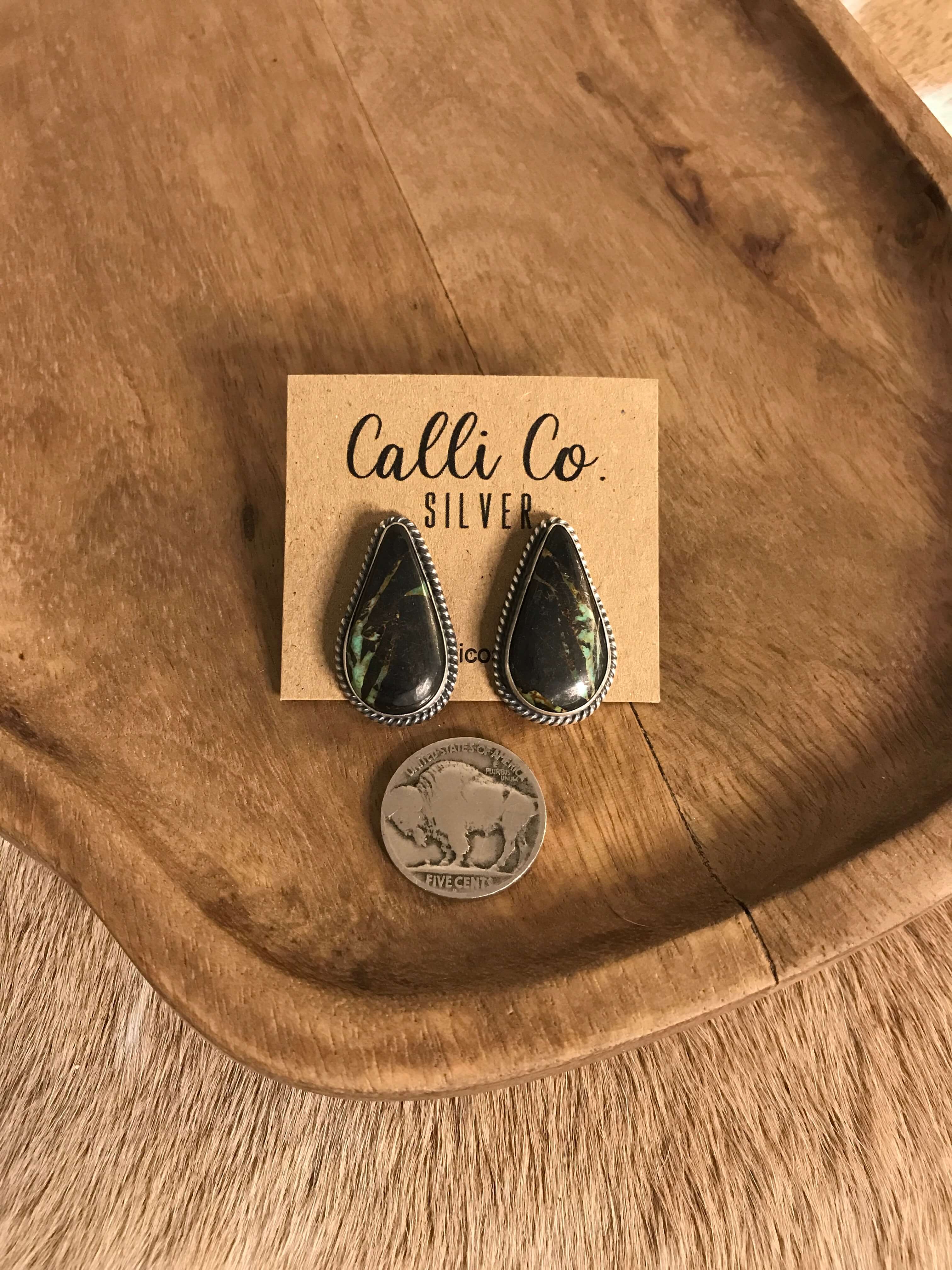 The Black Jack Studs, 12-Earrings-Calli Co., Turquoise and Silver Jewelry, Native American Handmade, Zuni Tribe, Navajo Tribe, Brock Texas