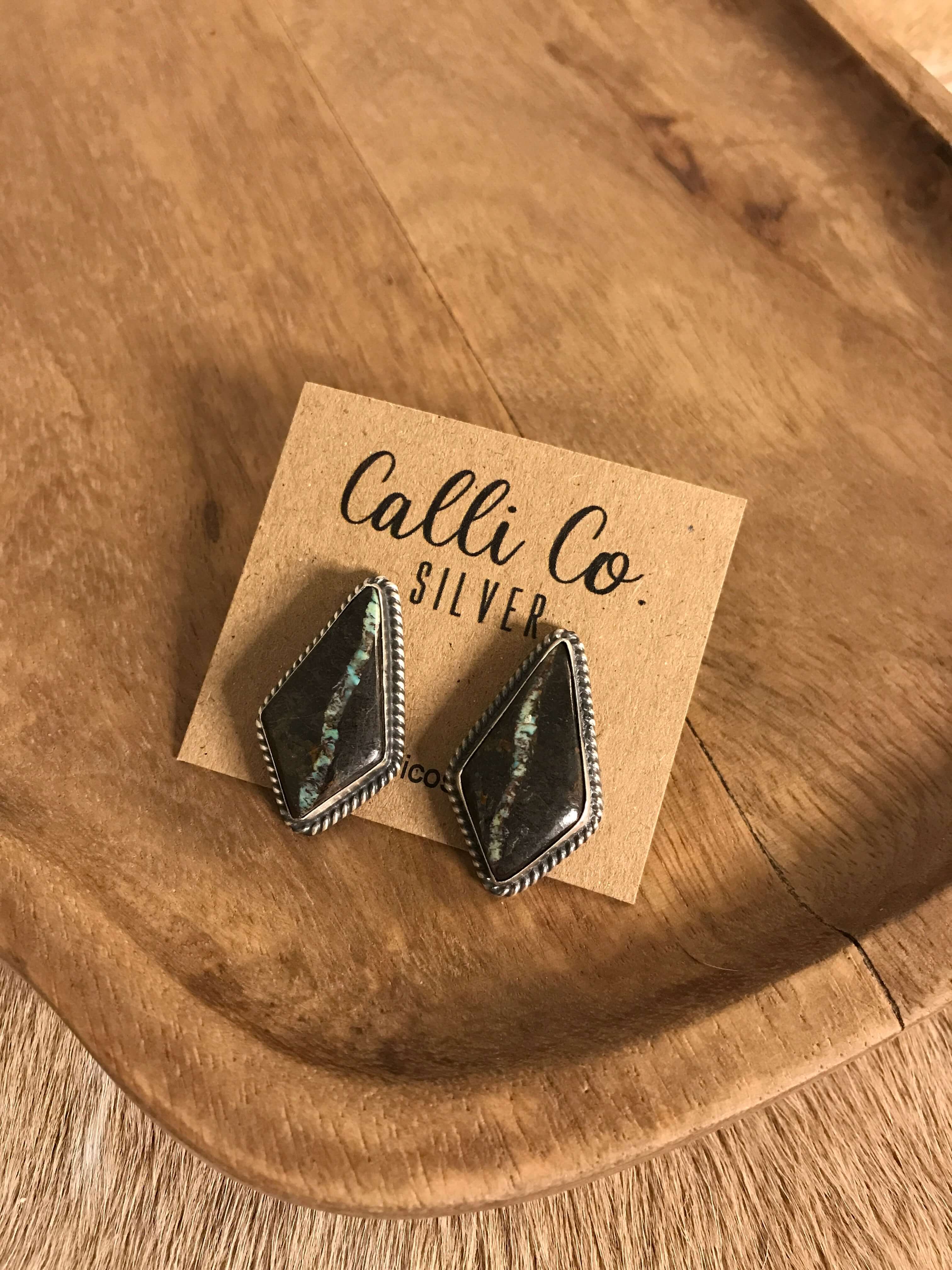 The Black Jack Studs, 13-Earrings-Calli Co., Turquoise and Silver Jewelry, Native American Handmade, Zuni Tribe, Navajo Tribe, Brock Texas