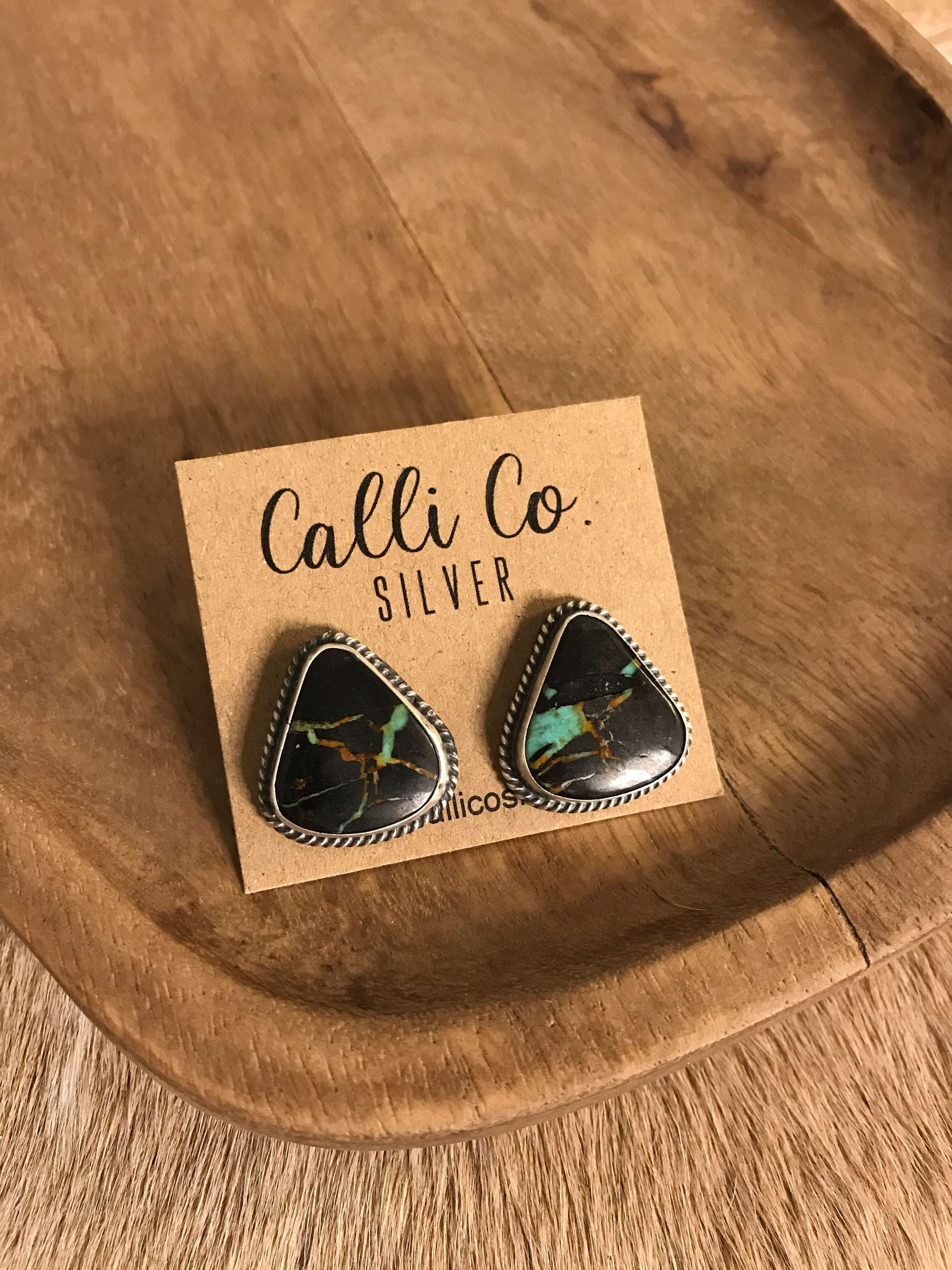 The Black Jack Studs, 14-Earrings-Calli Co., Turquoise and Silver Jewelry, Native American Handmade, Zuni Tribe, Navajo Tribe, Brock Texas
