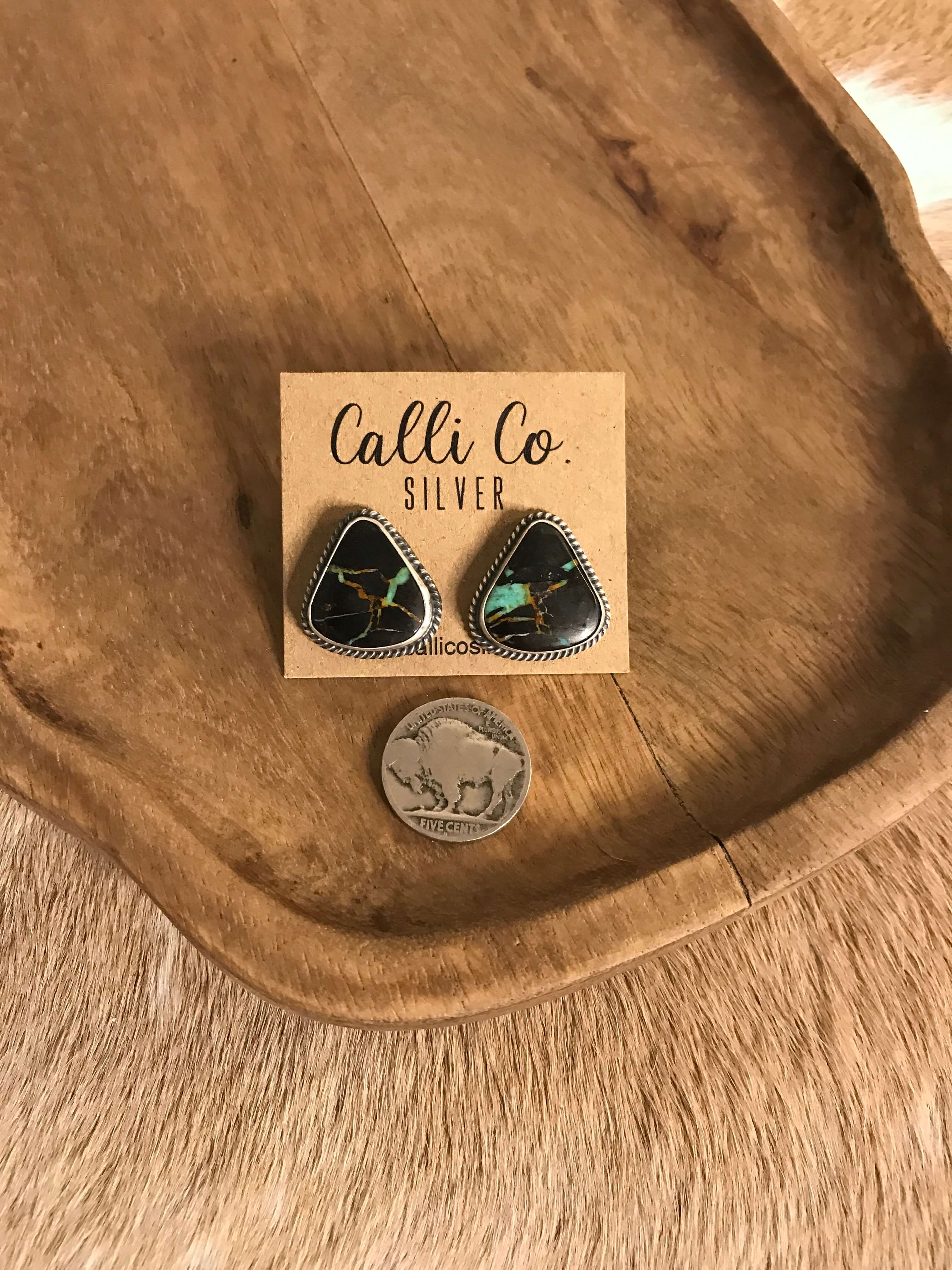 The Black Jack Studs, 14-Earrings-Calli Co., Turquoise and Silver Jewelry, Native American Handmade, Zuni Tribe, Navajo Tribe, Brock Texas