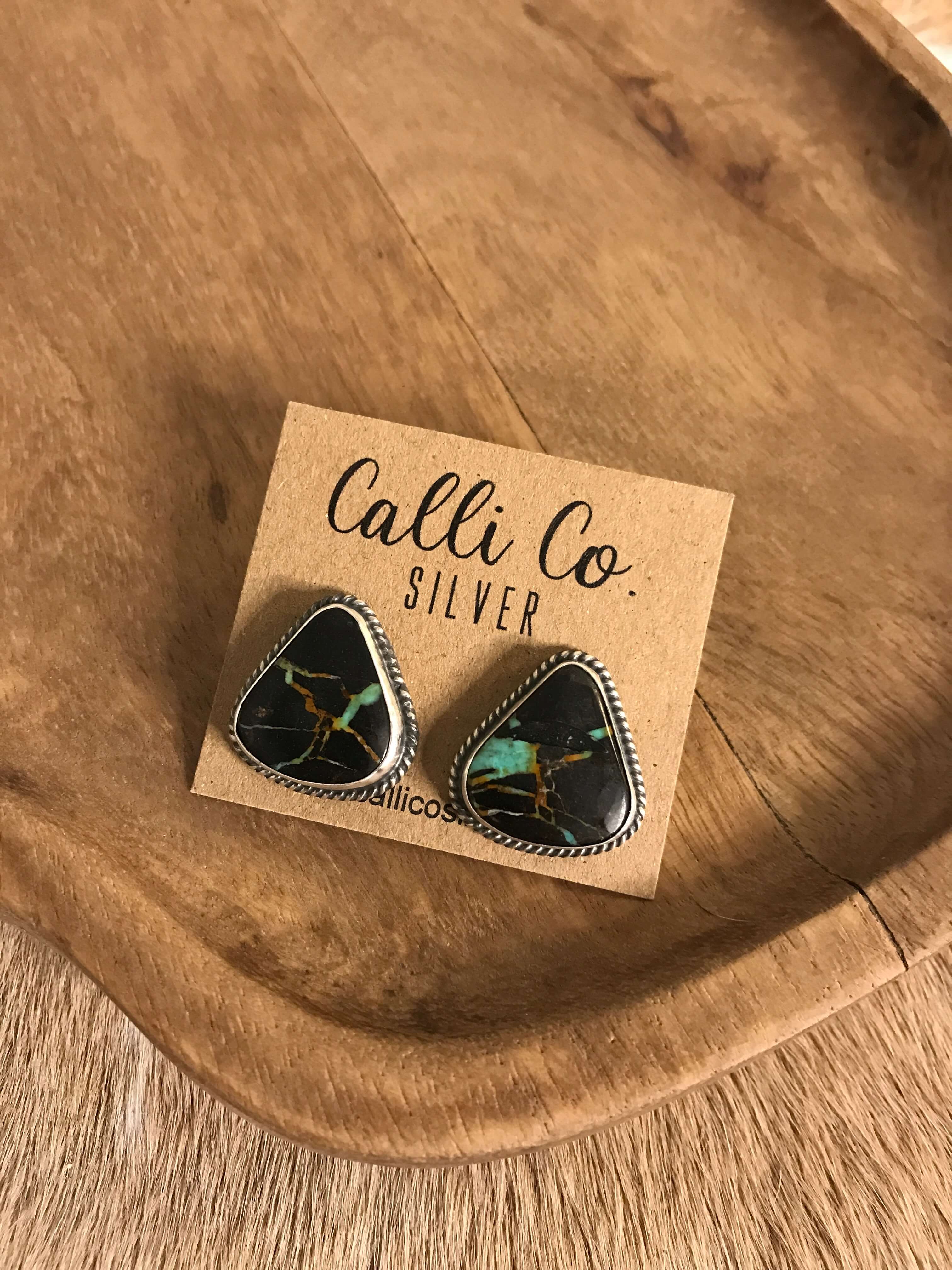 The Black Jack Studs, 14-Earrings-Calli Co., Turquoise and Silver Jewelry, Native American Handmade, Zuni Tribe, Navajo Tribe, Brock Texas