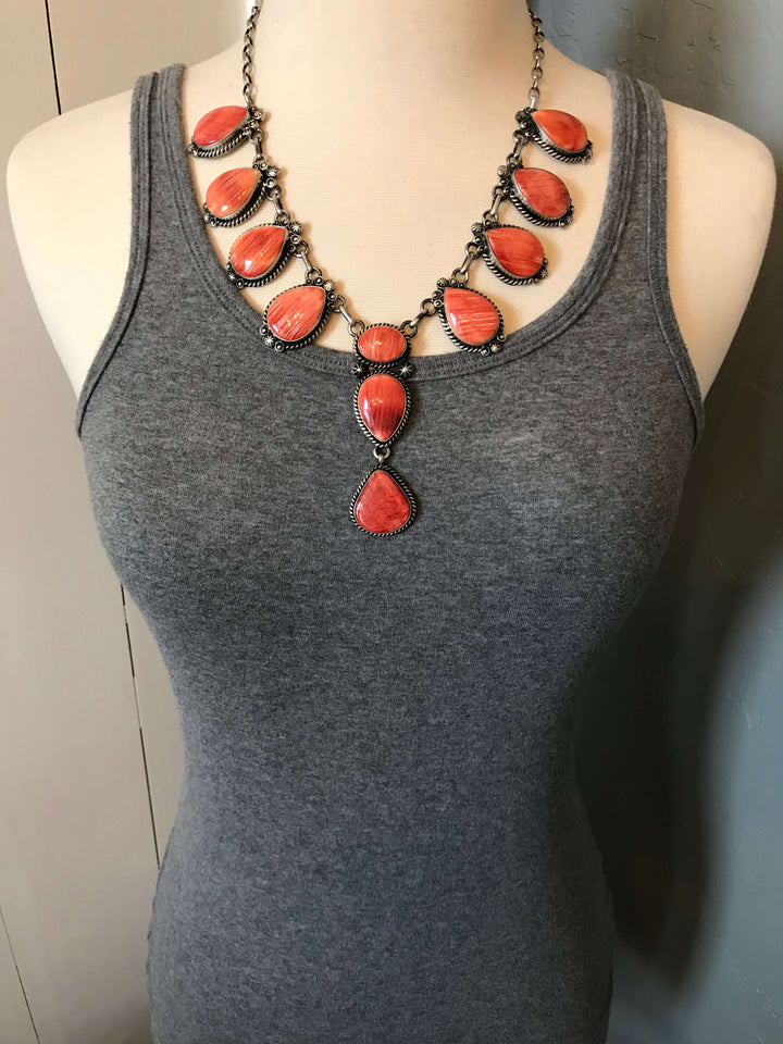 The Clarkson Red Spiny Lariat Necklace Set-Necklaces-Calli Co., Turquoise and Silver Jewelry, Native American Handmade, Zuni Tribe, Navajo Tribe, Brock Texas