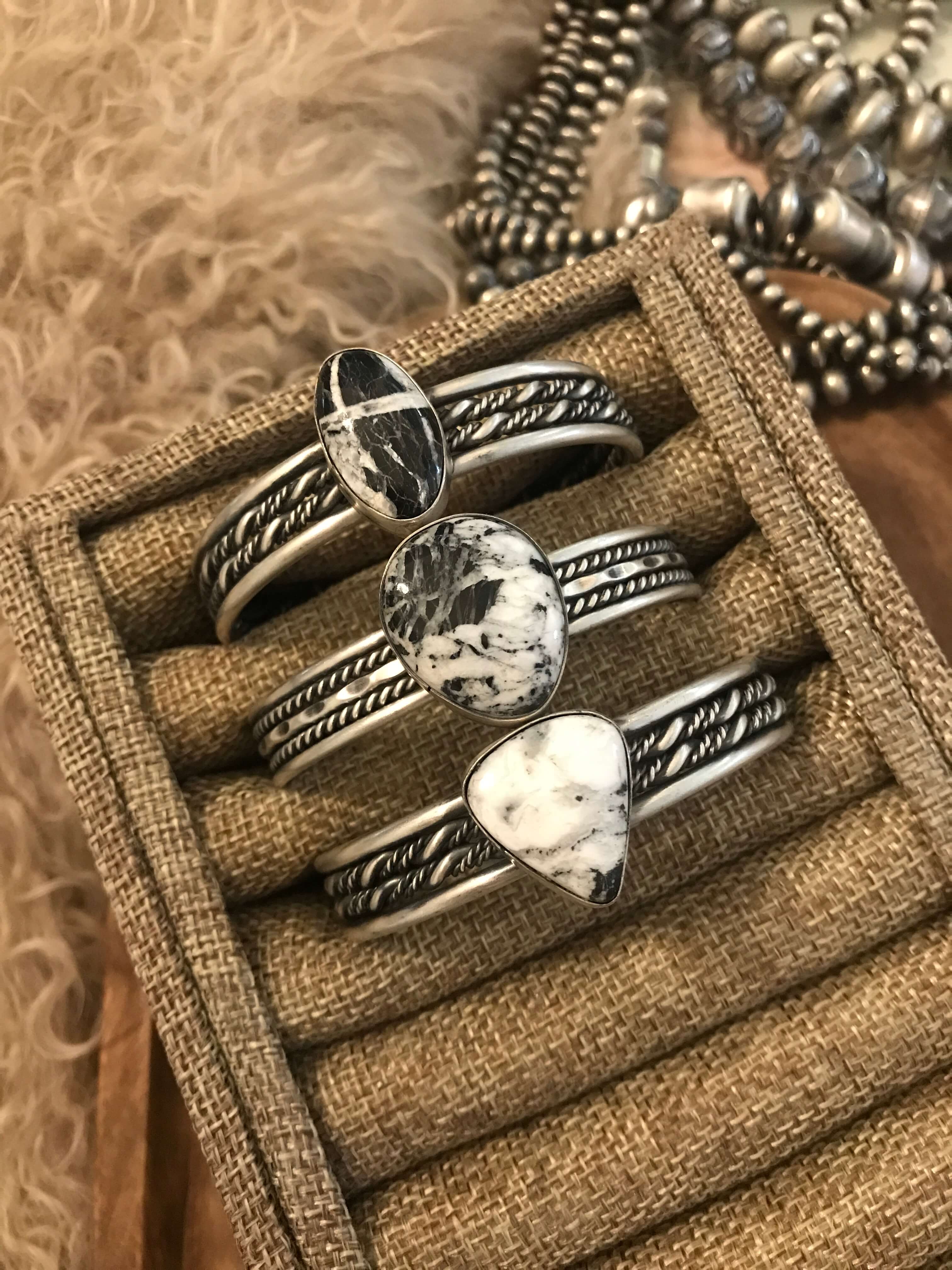 The Waurika White Buffalo Cuffs-Bracelets & Cuffs-Calli Co., Turquoise and Silver Jewelry, Native American Handmade, Zuni Tribe, Navajo Tribe, Brock Texas