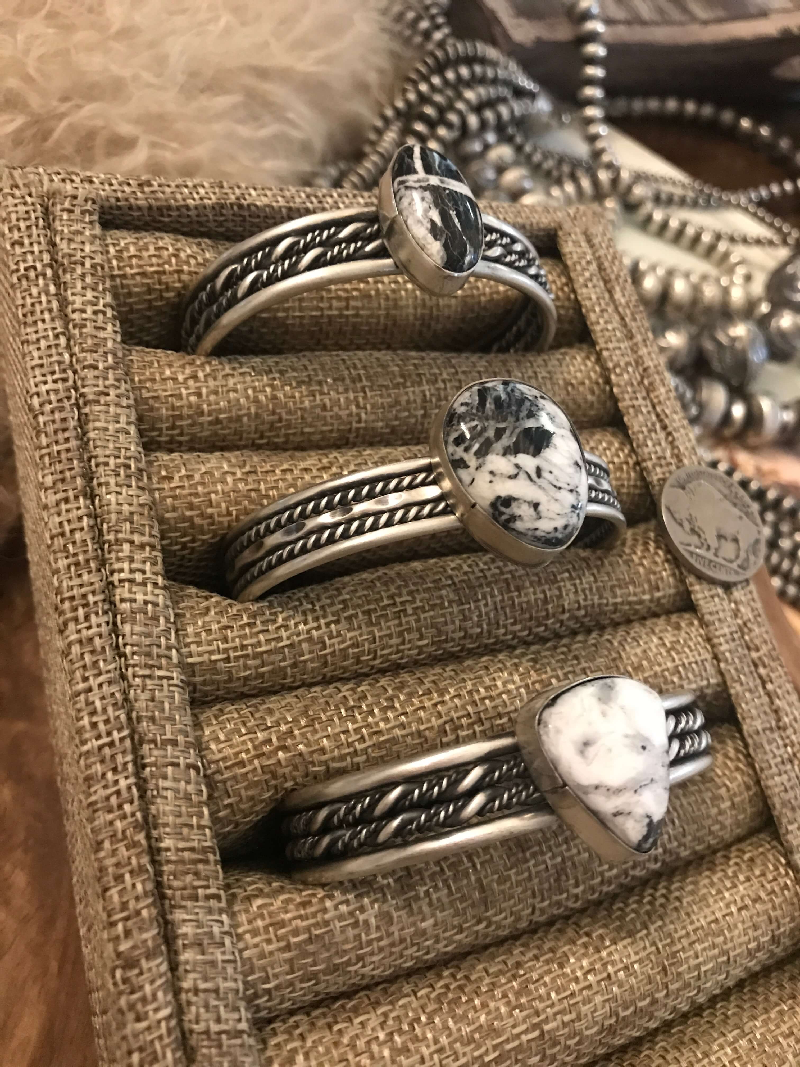 The Waurika White Buffalo Cuffs-Bracelets & Cuffs-Calli Co., Turquoise and Silver Jewelry, Native American Handmade, Zuni Tribe, Navajo Tribe, Brock Texas