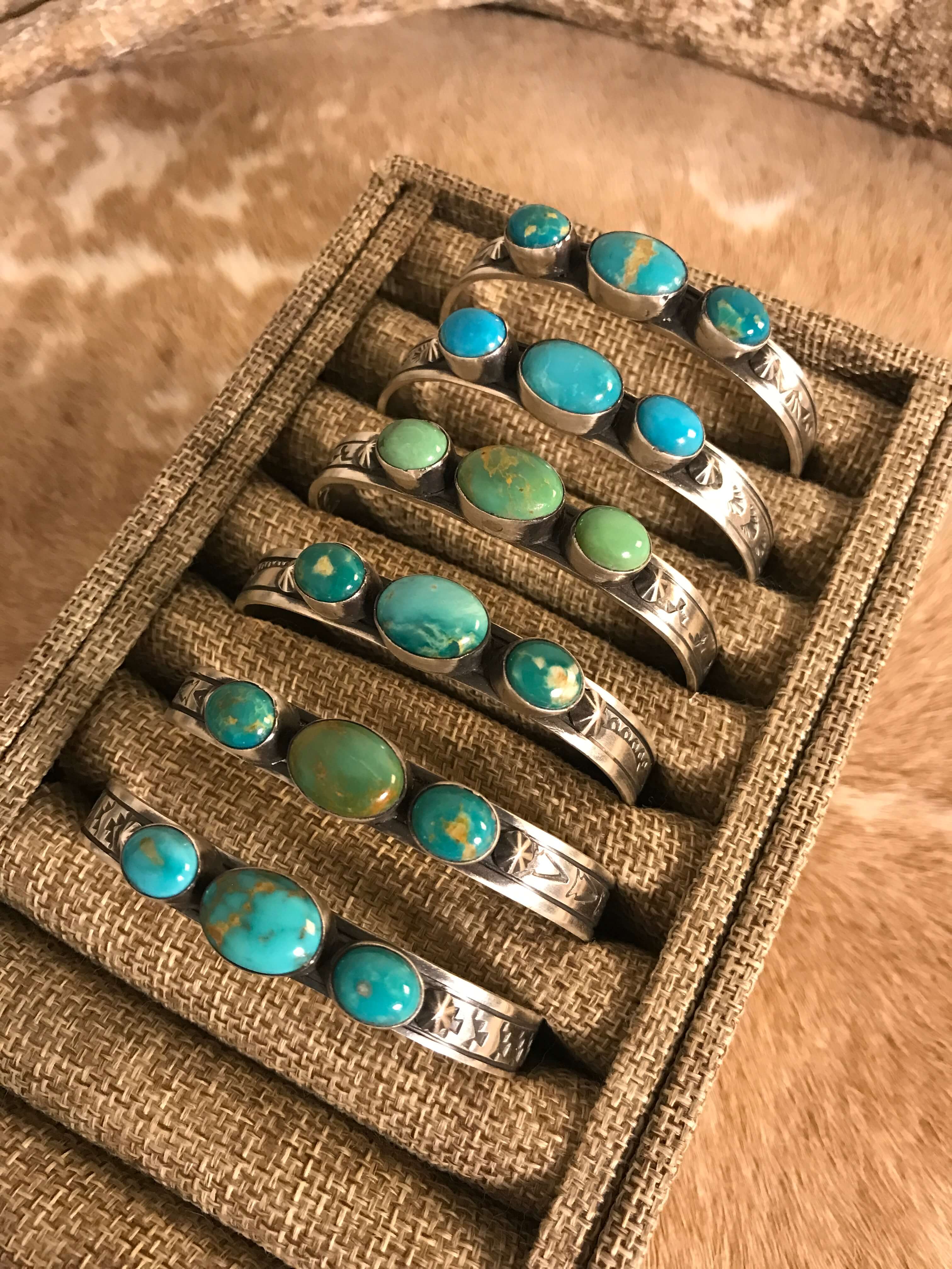 The Laurent Triple Stone Cuffs-Bracelets & Cuffs-Calli Co., Turquoise and Silver Jewelry, Native American Handmade, Zuni Tribe, Navajo Tribe, Brock Texas