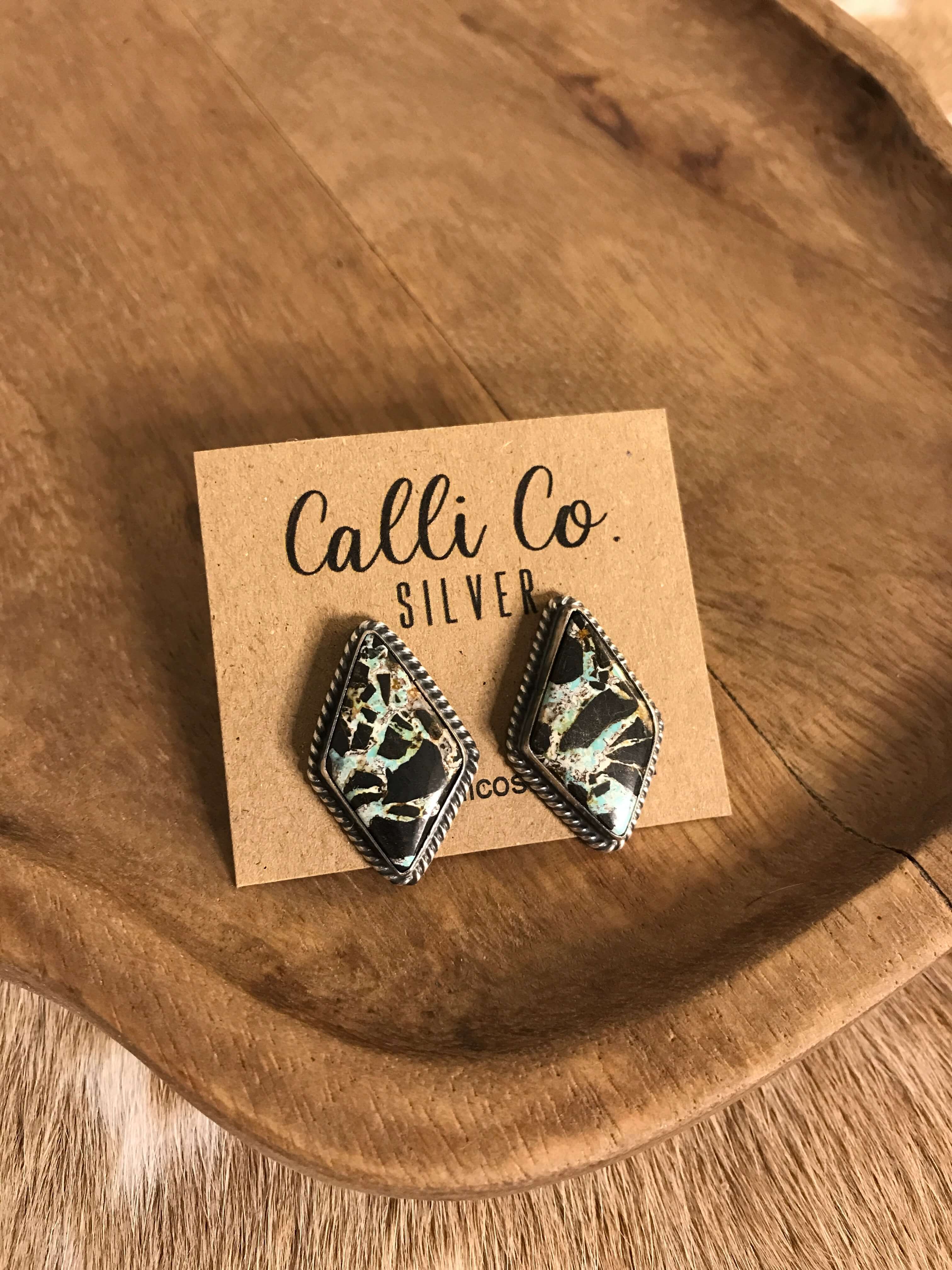 The Black Jack Studs, 17 xx-Earrings-Calli Co., Turquoise and Silver Jewelry, Native American Handmade, Zuni Tribe, Navajo Tribe, Brock Texas